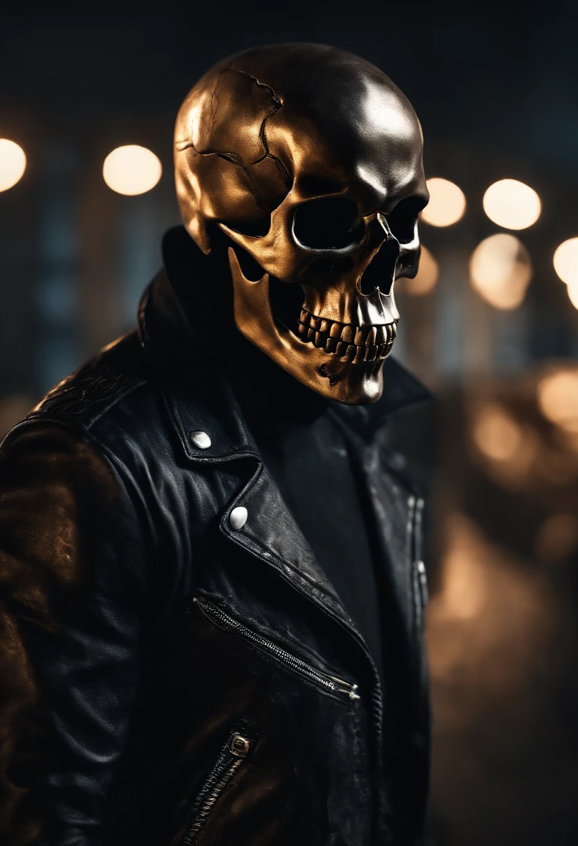 (RAW Photo, Best Quality), (Realistic, Photorealistic Photo: 1.3), Best Quality, Highly Detailed, Masterpiece, Ultra Detailed, Illustration, ghost rider, burning skull, black ripped jacket, ripped black jeans, black shoes, epic background, standing like ghost rider, upper body, ghost riders costume, Best Quality, Extremely Detailed CG Unified 8k Wallpaper, Ink, Amazing, badass look, portrait, close up (skull texture), intricately detailed, fine details, hyperdetailed.