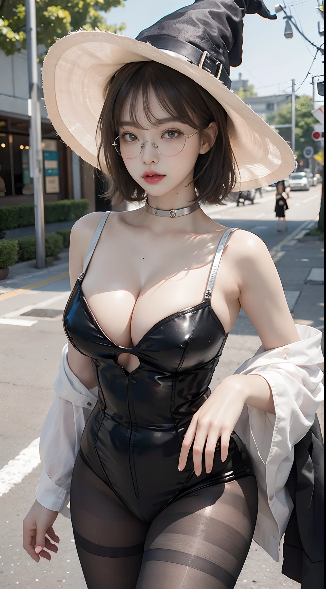 Top image quality、Raw photography、超A high resolution、18-year-old Korean、Glasses beauty、Colossal tits:1.5、cleavage of the breast:1.5、Healthy complexion、shiny white skin、(short cut hair)、((Light brown silver hair))、Beautiful eyes with random colors、very thin lips、beautiful eyes finely detailed、elongated eyes、pale pink blush、long eyeslashes、Beautiful double eyelids、eyeshadows、耳Nipple Ring、Beautiful skin、Healthy skin、(Fashionable glasses、Memhalo、pantyhose、Witch Hat、Beautiful legs、Attractive thighs、slightly thicker thighs)