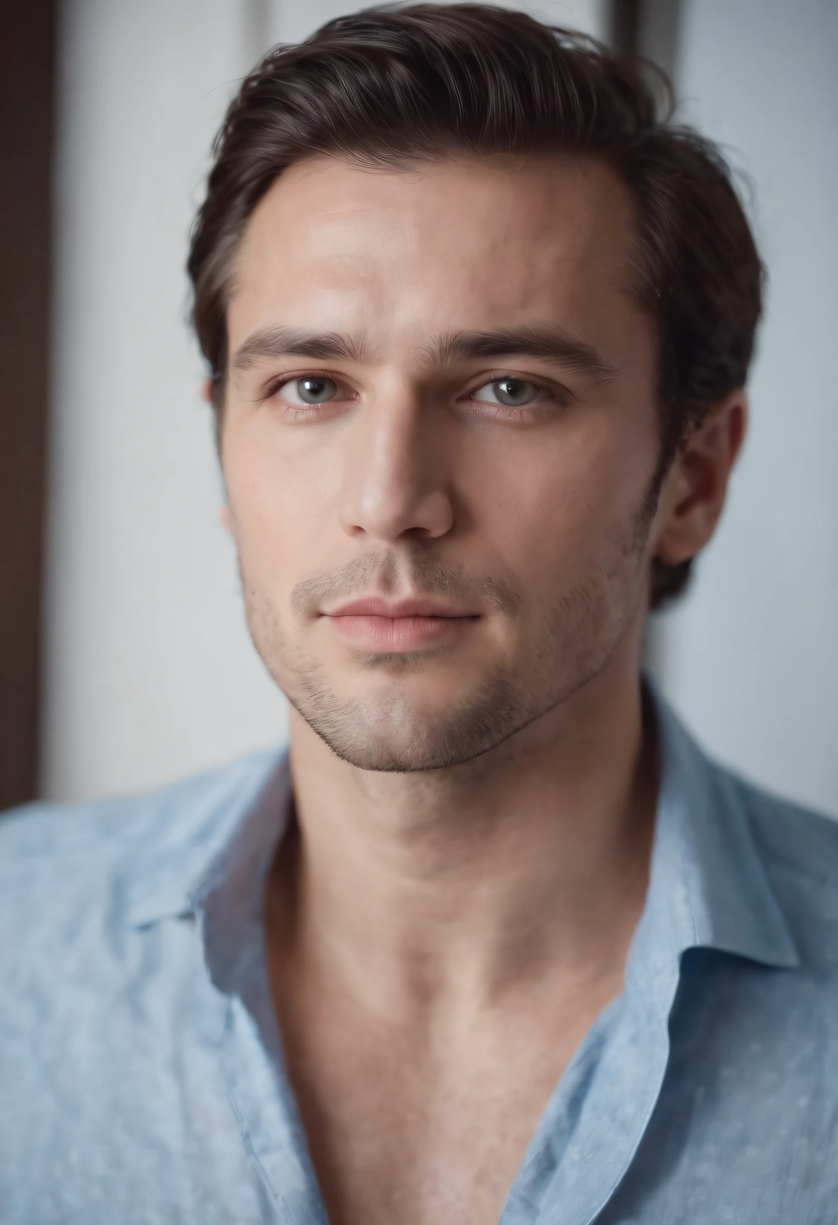 Portrait of handsome 30-year-old man round face cinematic appearance、Chemise bleu clair avec col
