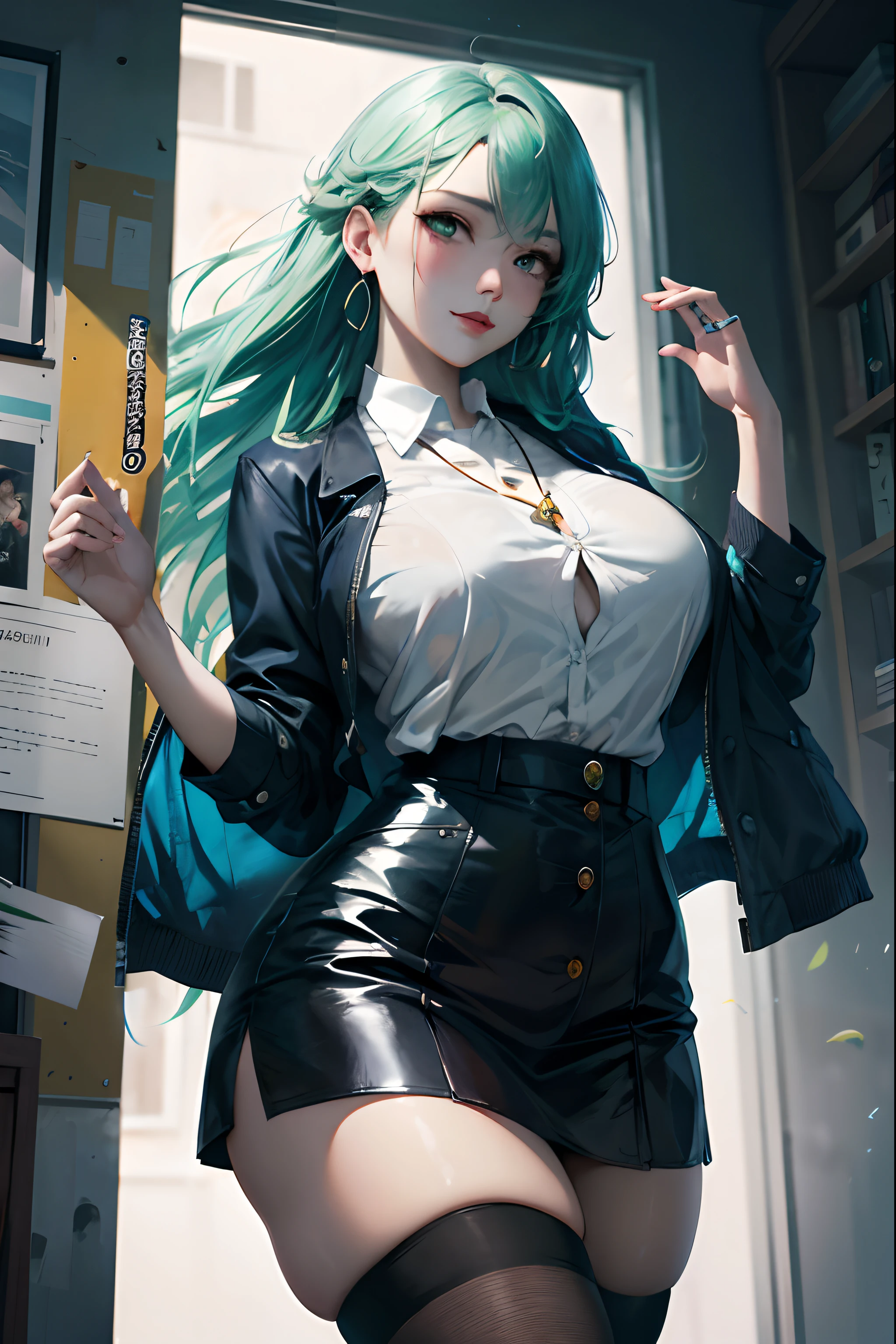 Araffe vestida con una falda de cuero negro y camisa blanca, Estilo Ross Tran, Obras de arte al estilo de Guweiz, Guweiz en Pixiv Artstation, Guweiz en Artstation Pixiv, Al estilo de Ross Tran, inspirado por Ross Tran, Chica de anime con cabello verde azulado, seductora chica de anime, Estilo anime 4K, Guweiz