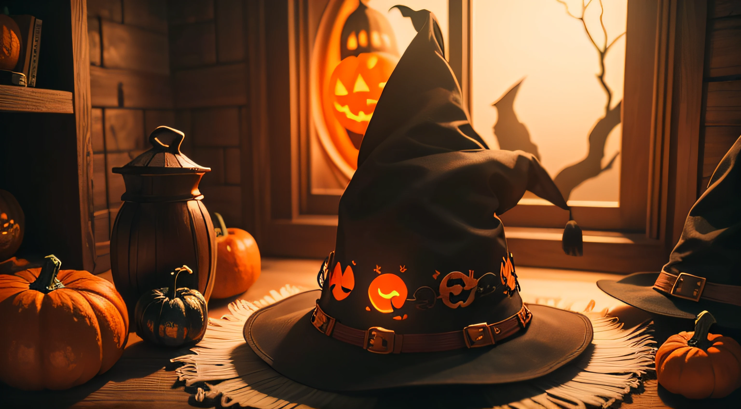 The mystical room of the witch. A decorative photo for Halloween with a hat, pumpkins and a broom. Banner in black and orange colors close-up.