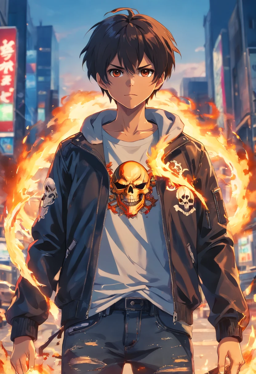 (RAW Photo, Best Quality), (Realistic, Photorealistic Photo: 1.3), Best Quality, Highly Detailed, Masterpiece, Ultra Detailed, Illustration, ghost rider, burning skull, black ripped jacket, ripped black jeans, black shoes, epic background, standing like ghost rider, upper body, ghost riders costume, Best Quality, Extremely Detailed CG Unified 8k Wallpaper, Ink, Amazing, badass look, portrait, close up (skull texture), intricately detailed, fine details, hyperdetailed.