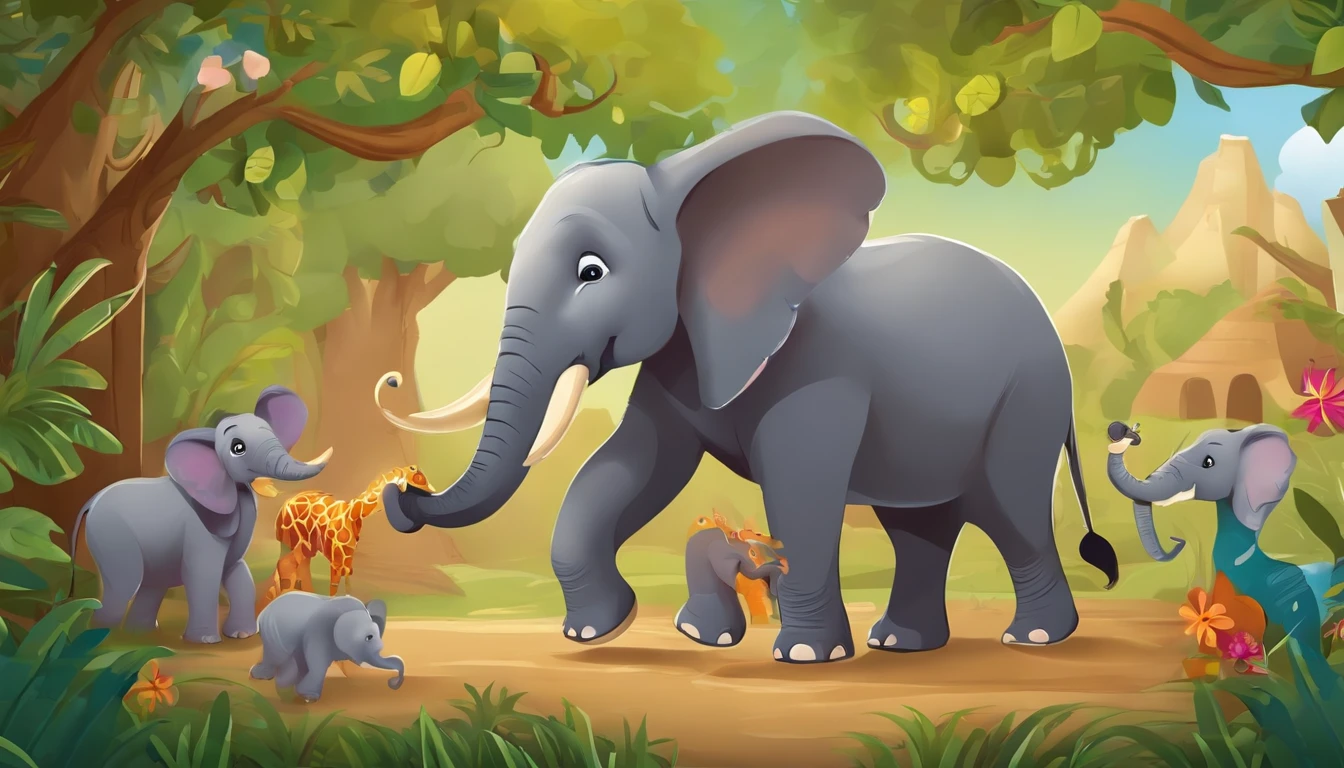 Zoo animals,cartoon style for kids,Focus on elephant