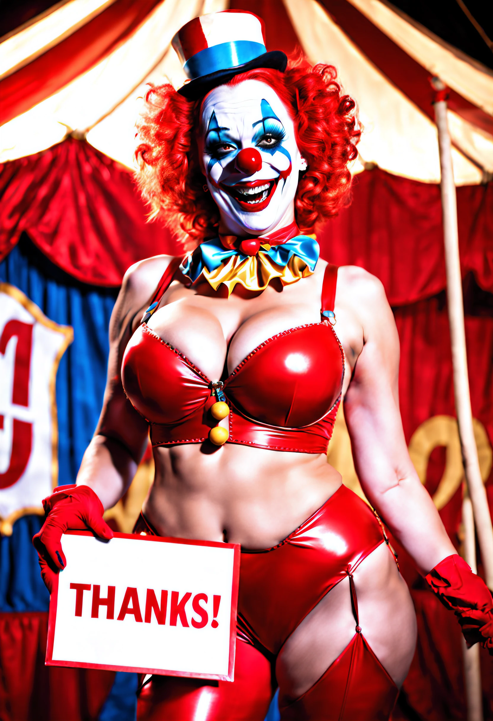 Sexy clown female holding a sign that says text:(THANKS!) under her massive sagging breasts, smiling, red-latex, inside a creepy circus tent, detailed, highres, high quality, 8k, high saturation