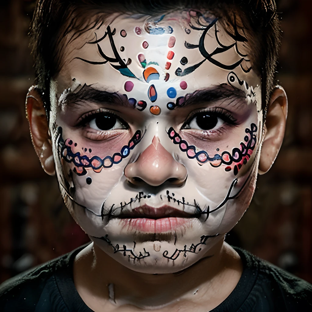 "Create an illustration in the style of Mexico's Day of the Dead face paint. It should be a half-body frontal portrait of a glasses-wearing 3--old  with a Mexican Day of the Dead skull face paint. Cerque-o de flores secas em tons pastel. O fundo deve ser preto para destacar apenas o menino. Use the lighting of the chiaroscuro studio.

Inspirado nas obras de artistas que pintaram neste estilo, como Diego Rivera ou Frida Kahlo."