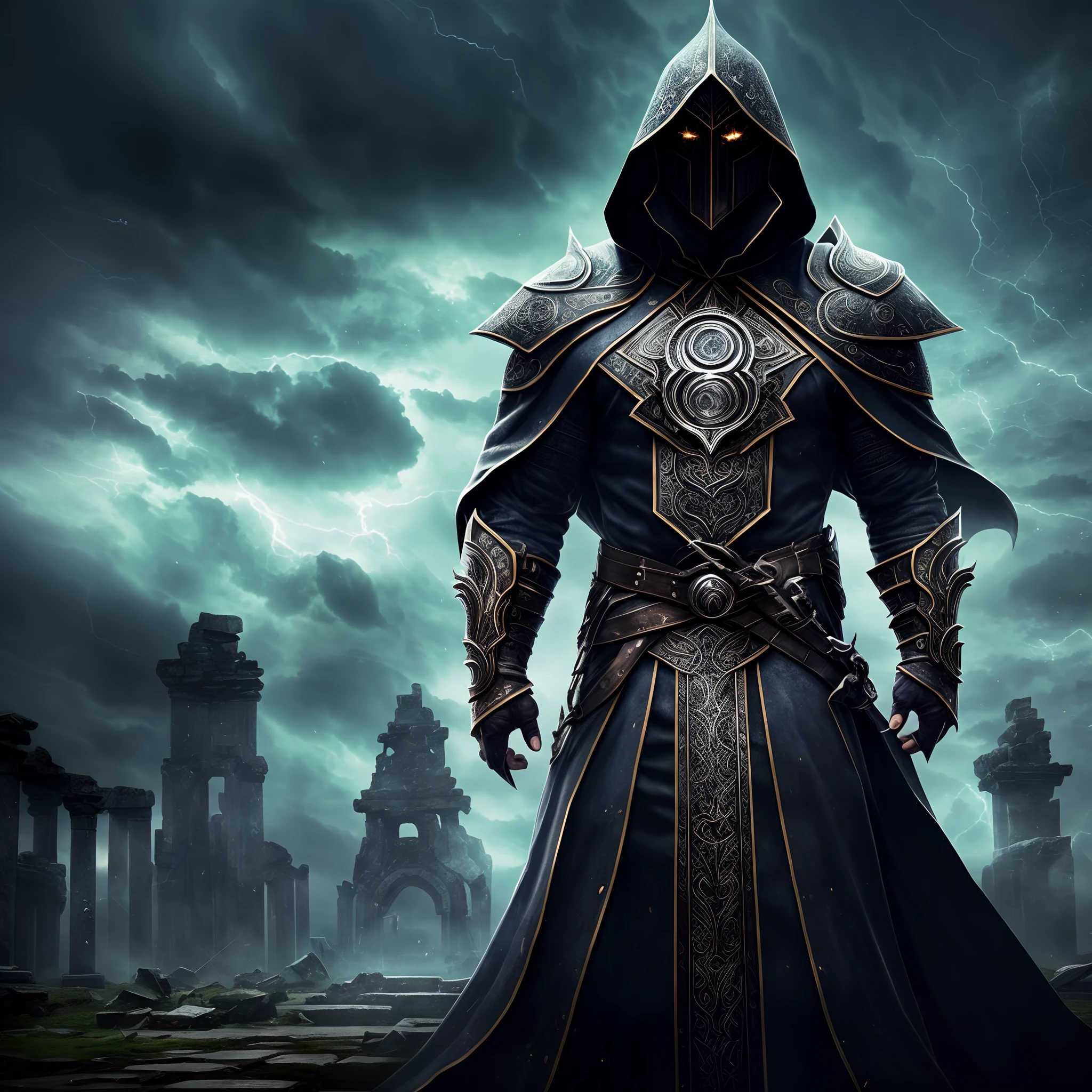 (best quality,4k,8k,highres,masterpiece:1.2),ultra-detailed,(realistic,photorealistic,photo-realistic:1.37),dark god,10 feet,towering figure,menacing eyes,ominous presence,rogue-like outfit,hooded figure with a mask covering the face,mysterious aura,void cloak,big great sword,glowing with dark energy,highly detailed engravings on the blade,intimidating stature,warping reality with every step,sinister whispers in the air,ancient ruins,bathed in an eerie,blue moonlight,cracked ground,purplish haze,ominous storm clouds swirling above,ominous symbols on the ground,glyphs pulsating with power,mystical portals opening to other dimensions,dark energy crackling in the air