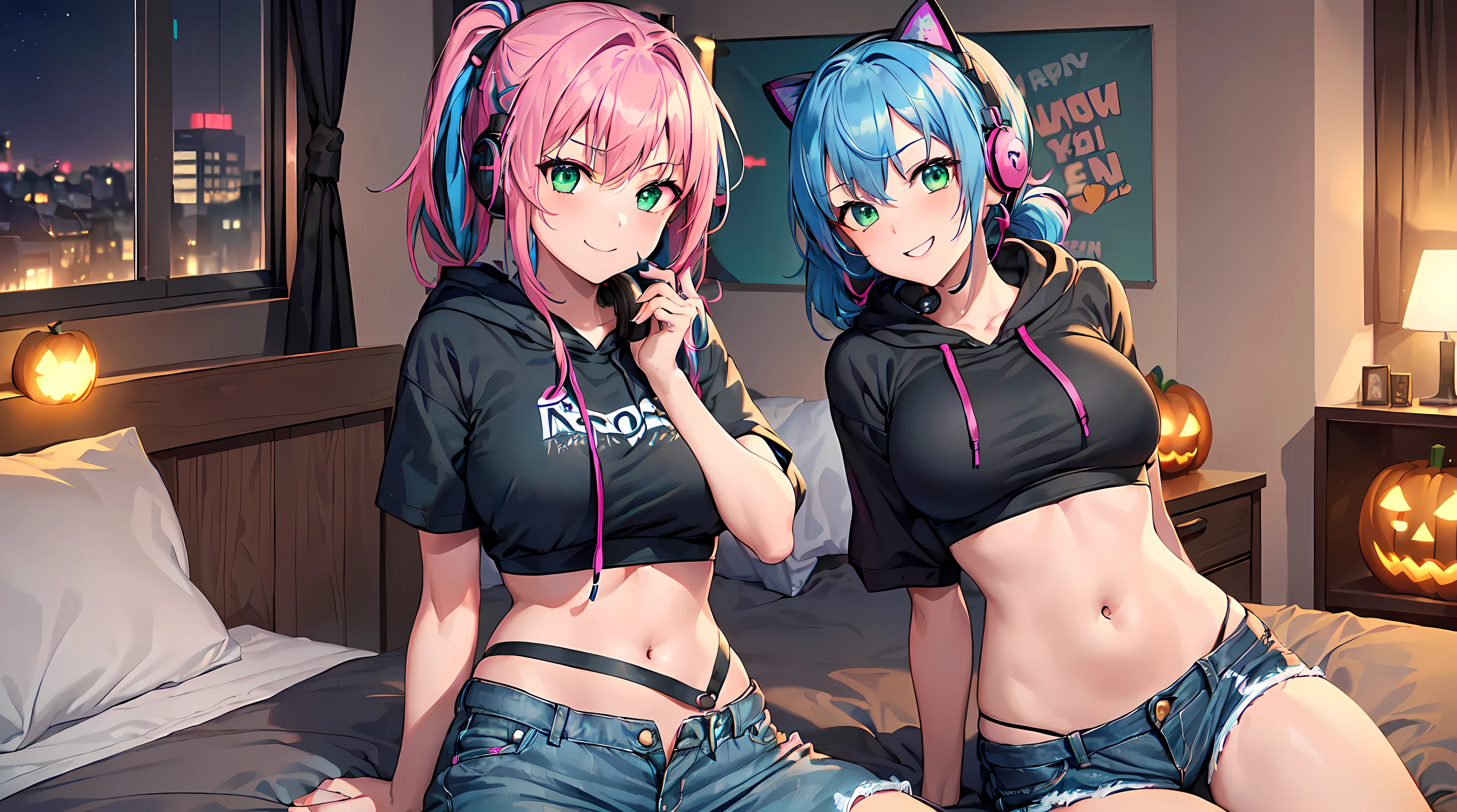masterpiece, 1girl ((20year old, Black short sleeve hoodie exposes navel, tight blue jeans, medium breasts, multicolor pink hair, twin ponytails, green eyes, flirting, happy, big smile, headphones, sitting on a bed, Halloween decorations in bedroom)), ((nighttime))