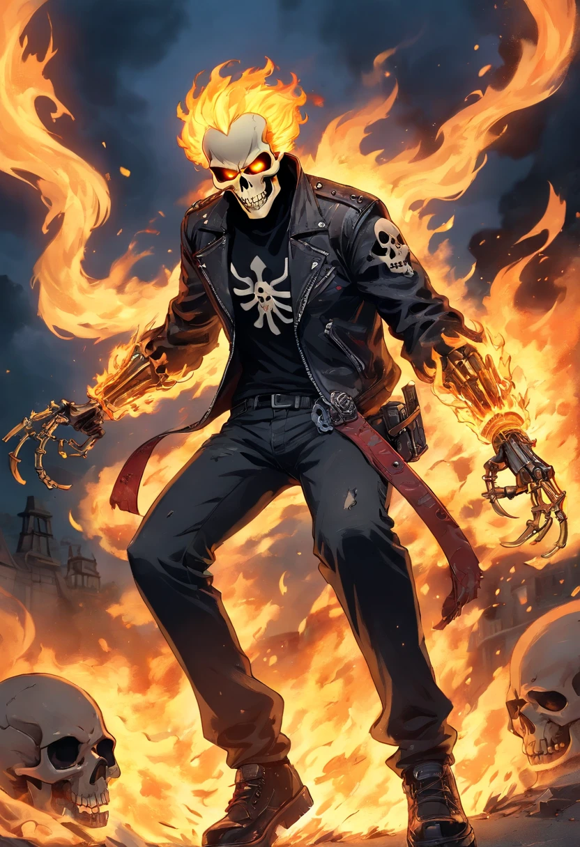 (RAW Photo, Best Quality), (Realistic, Photorealistic Photo: 1.3), Best Quality, Highly Detailed, Masterpiece, Ultra Detailed, Illustration, ghost rider, burning skull, black ripped jacket, ripped black jeans, black shoes, epic background, standing like ghost rider, upper body, ghost riders costume, Best Quality, Extremely Detailed CG Unified 8k Wallpaper, Ink, Amazing, badass look, portrait, close up (skull texture), intricately detailed, fine details, hyperdetailed.