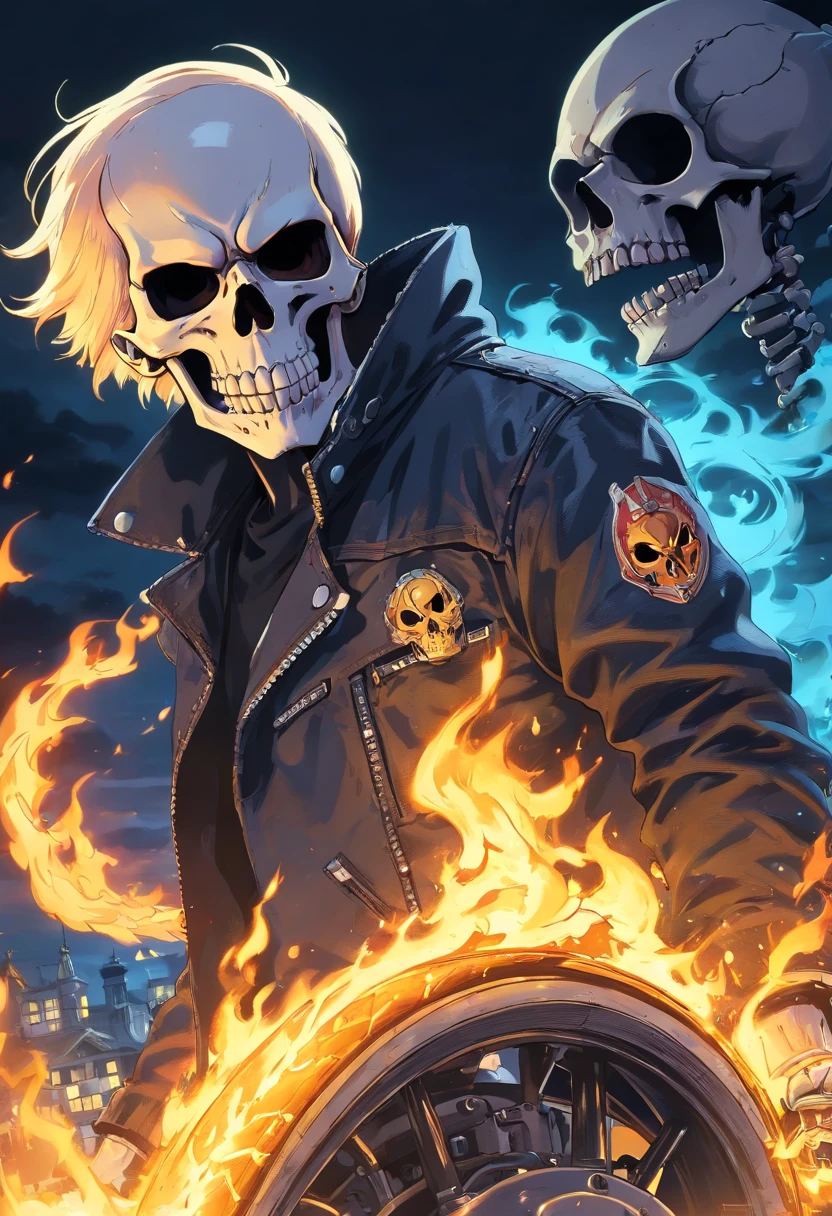 (RAW Photo, Best Quality), (Realistic, Photorealistic Photo: 1.3), Best Quality, Highly Detailed, Masterpiece, Ultra Detailed, Illustration, ghost rider, burning skull, black ripped jacket, ripped black jeans, black shoes, epic background, standing like ghost rider, upper body, ghost riders costume, Best Quality, Extremely Detailed CG Unified 8k Wallpaper, Ink, Amazing, badass look, portrait, close up (skull texture), intricately detailed, fine details, hyperdetailed.