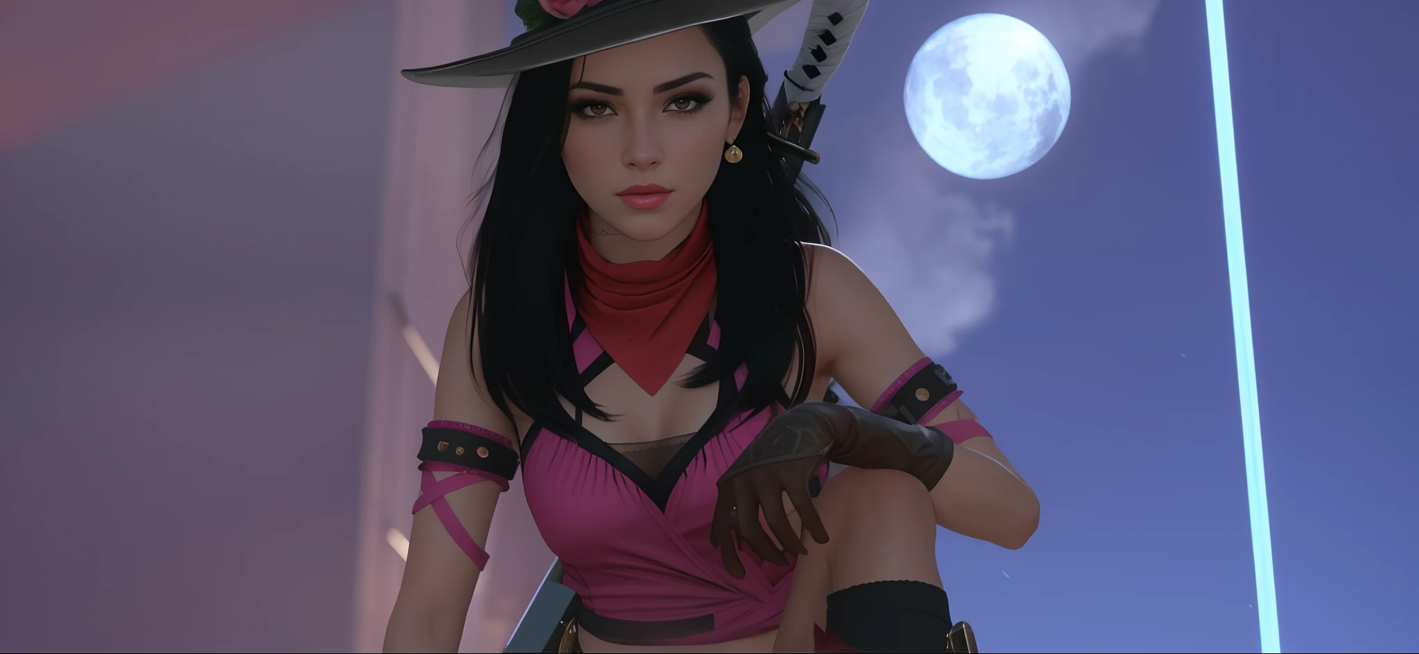 a beautiful criminal woman looking at the viewer, background sunset, masterpiece, high saturation, best quality, floating, dynamic angle, look at the viewer, pretty face, flowing hair, delicate and beautiful eyes, finely detailed skin, soft lighting, sharp focus, detailed face, 4k, cinematic lighting
