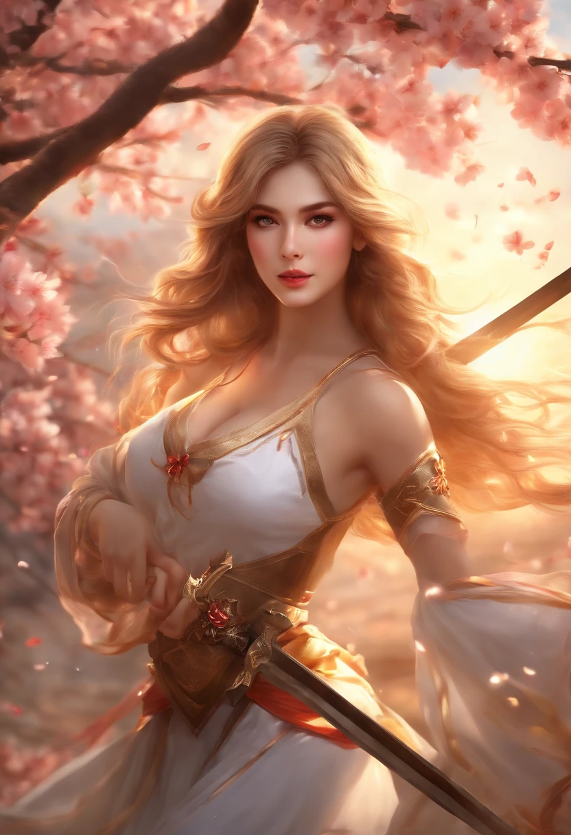 (best quality,4k,8k,highres,masterpiece:1.2),ultra-detailed,(realistic,photorealistic,photo-realistic:1.37),beautiful hot girl,anime style,riding a sword,vivid colors,dynamic composition,sparkling eyes,fierce expression,flowing hair,motion blur,golden lighting,iron sword,windy atmosphere,background with cherry blossoms and vibrant sunset,ethereal glow,sakura petals,contrast between light and shadow,contrasting color palette