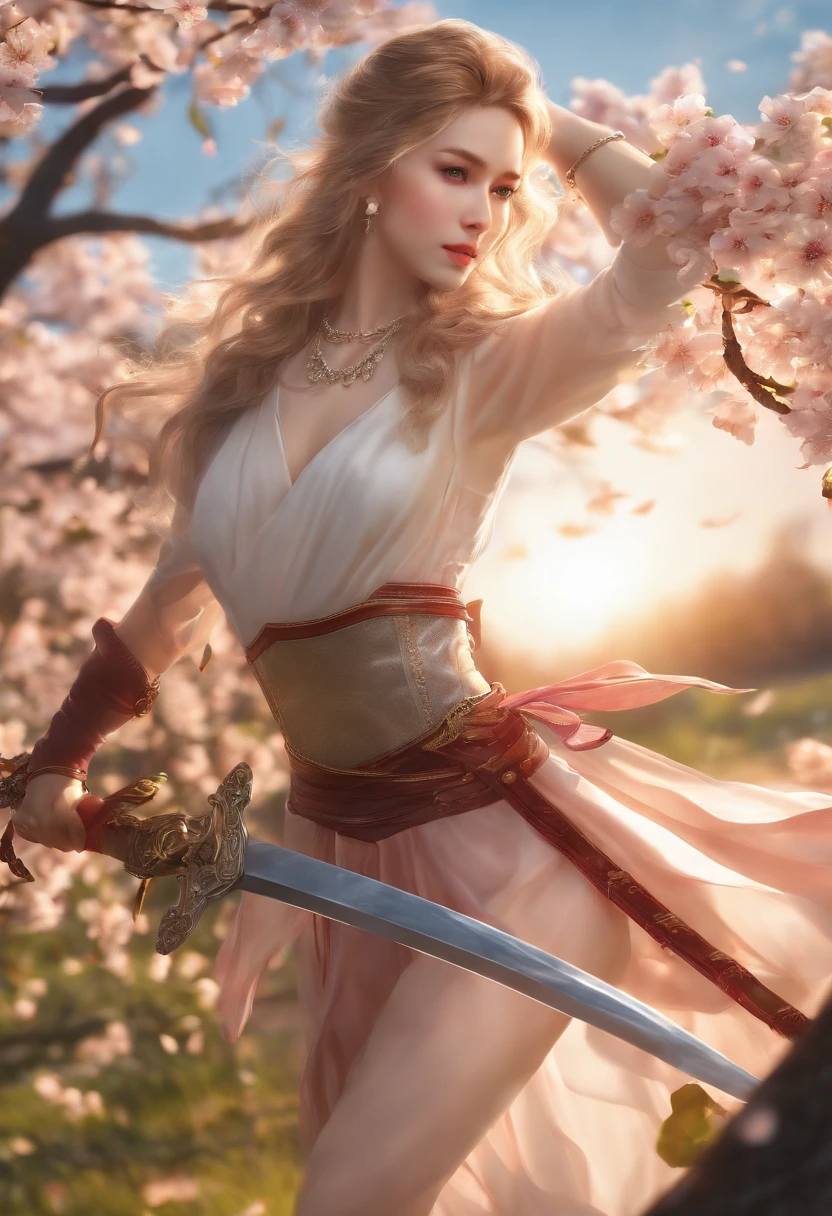 (best quality,4k,8k,highres,masterpiece:1.2),ultra-detailed,(realistic,photorealistic,photo-realistic:1.37),beautiful hot girl,anime style,riding a sword,vivid colors,dynamic composition,sparkling eyes,fierce expression,flowing hair,motion blur,golden lighting,iron sword,windy atmosphere,background with cherry blossoms and vibrant sunset,ethereal glow,sakura petals,contrast between light and shadow,contrasting color palette
