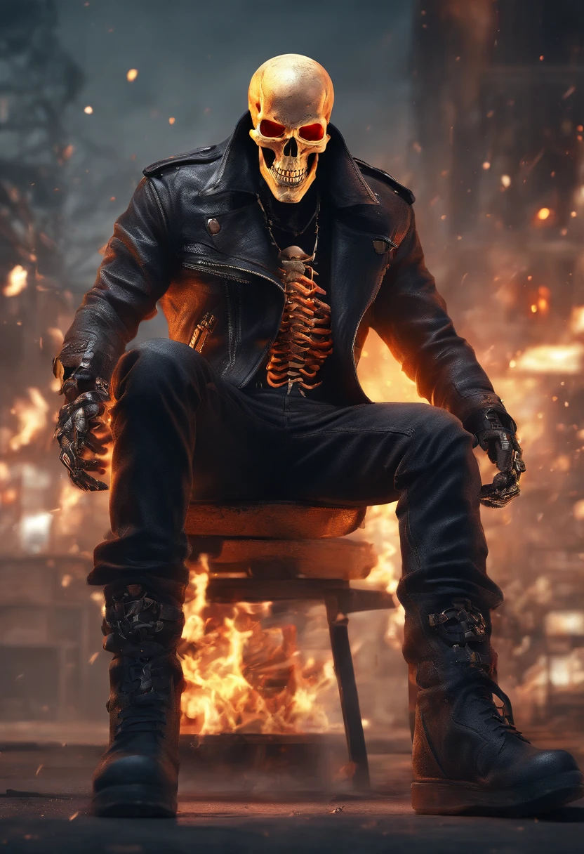 (RAW Photo, Best Quality), (Realistic, Photorealistic Photo: 1.3), Best Quality, Highly Detailed, Masterpiece, Ultra Detailed, Illustration, ghost rider, burning skull, black ripped jacket, ripped black jeans, black shoes, epic background, standing like ghost rider, upper body, ghost riders costume, Best Quality, Extremely Detailed CG Unified 8k Wallpaper, Ink, Amazing, badass look, portrait, close up (skull texture), intricately detailed, fine details, hyperdetailed.