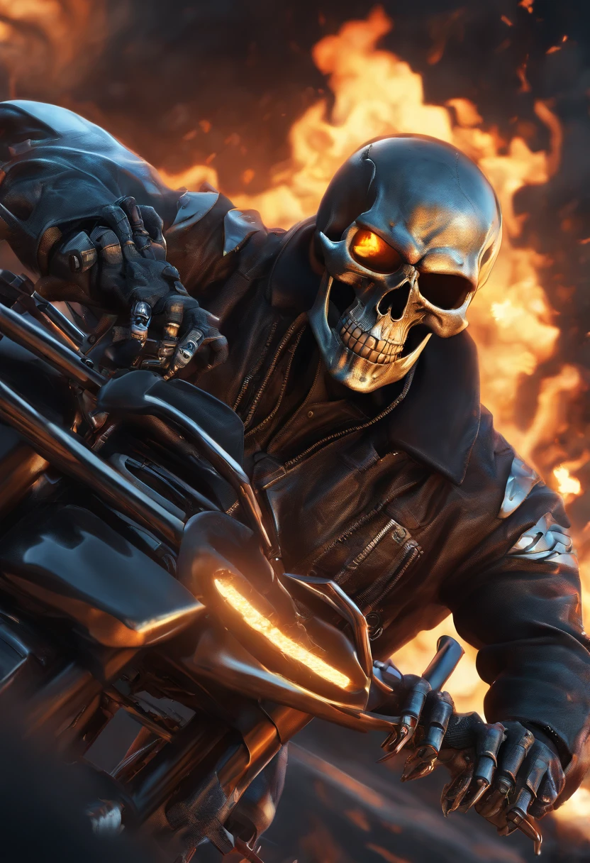 (RAW Photo, Best Quality), (Realistic, Photorealistic Photo: 1.3), Best Quality, Highly Detailed, Masterpiece, Ultra Detailed, Illustration, ghost rider, burning skull, black ripped jacket, ripped black jeans, black shoes, epic background, standing like ghost rider, upper body, ghost riders costume, Best Quality, Extremely Detailed CG Unified 8k Wallpaper, Ink, Amazing, badass look, portrait, close up (skull texture), intricately detailed, fine details, hyperdetailed.