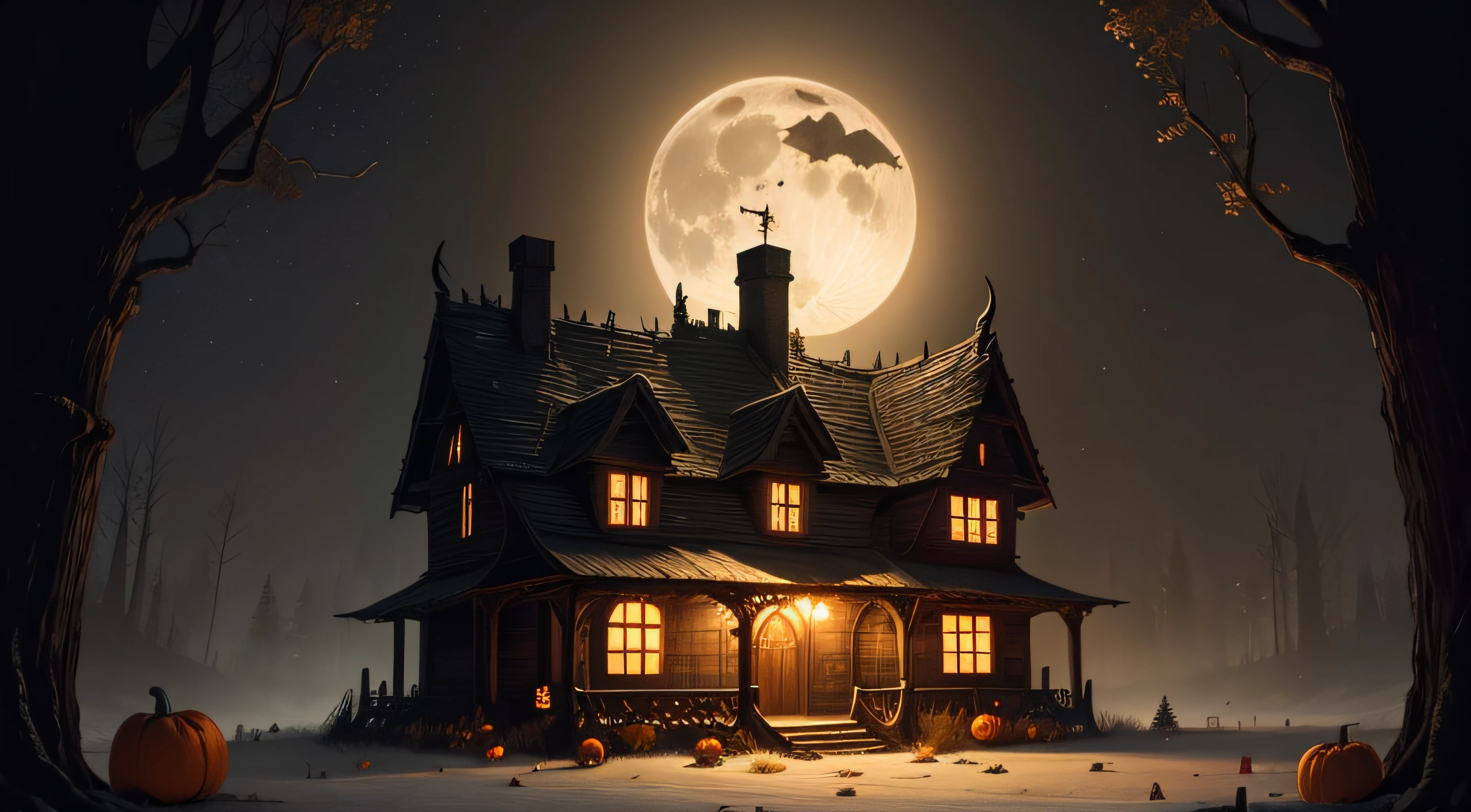 Wooden Haunted house with pumpkins. Full moon. Spooky Old house in spooky dark forest. Haunted house in the night forest. Moonlight. Witch's house. Mystical. Halloween scene . Halloween concept