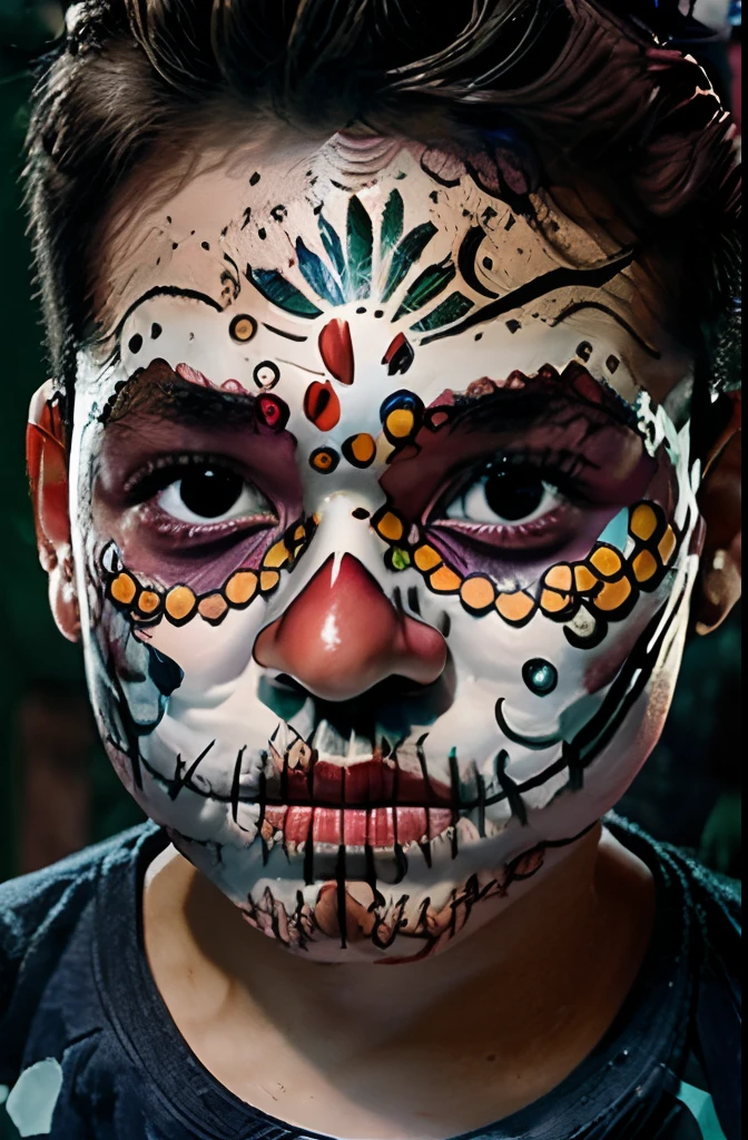 "Create an illustration in the style of Mexico's Day of the Dead face paint. It should be a half-body frontal portrait of a glasses-wearing 3-year-old boy with a Mexican Day of the Dead skull face paint. Cerque-o de flores secas em tons pastel. O fundo deve ser preto para destacar apenas o menino. Use the lighting of the chiaroscuro studio.

Inspirado nas obras de artistas que pintaram neste estilo, como Diego Rivera ou Frida Kahlo."