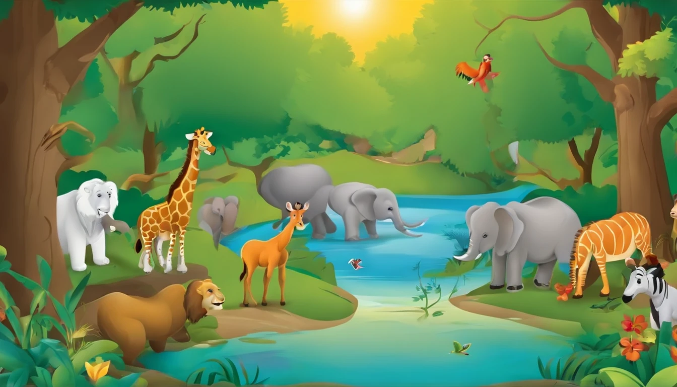 Zoo animals,cartoon style for kids,long tree,river or pond