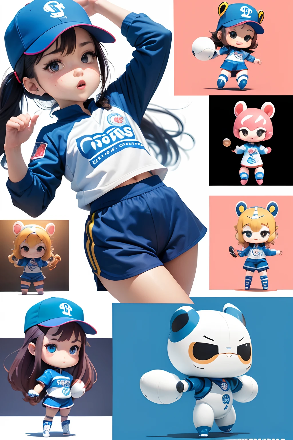 multiple poses and expressions, white background, vivid colors, Cartoon girl in blue and white uniform with arms down, Toonix character, Japanese mascot, sports team mascot, sports mascot, full body mascot, mascot illustration, football mascot, official art, Yami Kawaii, Chibi, Art Officer, Banchou