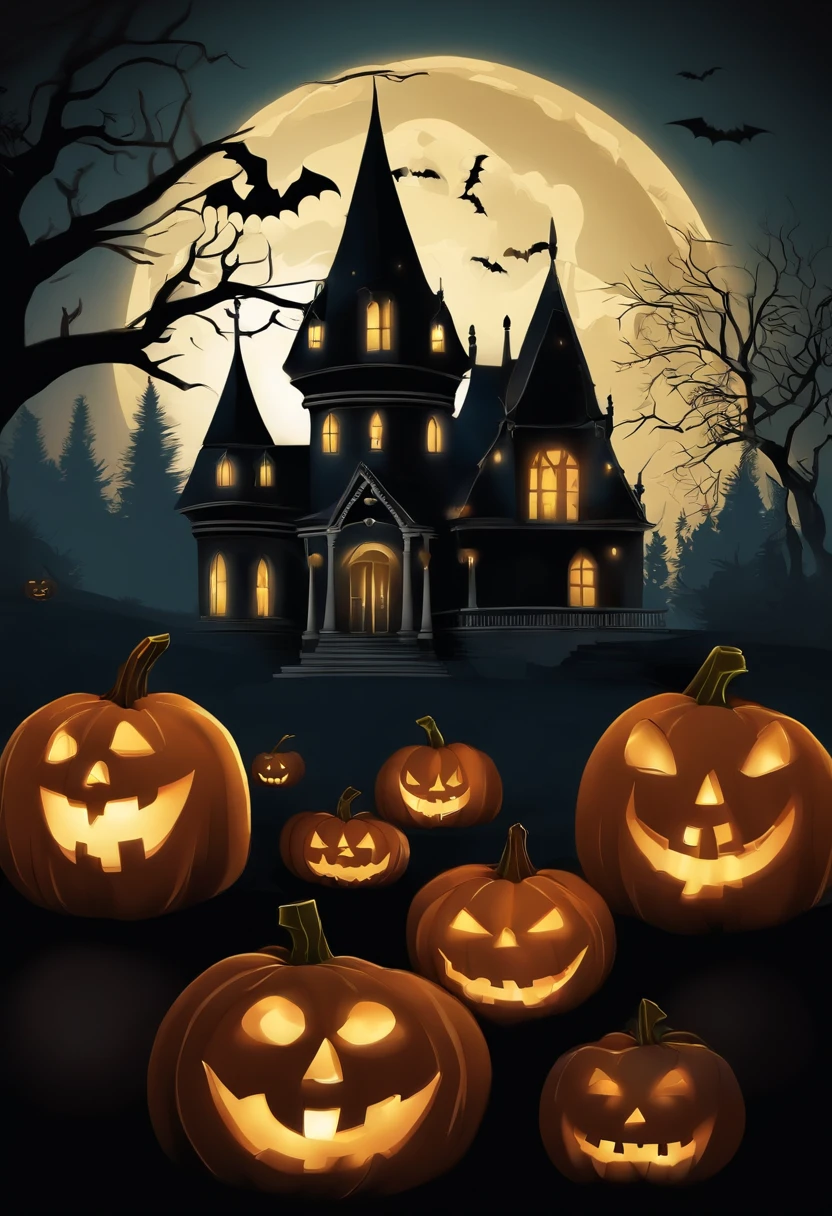 Halloween night scene with a spooky castle and pumpkins, scary magical background, Noite assustadora de Halloween, estilo de arte de dia das bruxas, Tema assustador de Halloween, cena de dia das bruxas, Noite de Halloween, tema dia das bruxas, halloween celebration, Atmosfera de Halloween, spooky mansion, Artwork, arte de fundo, arte detalhada assustadora em cores, noite assustadora, Shutterstock, atmosfera assustadora e assustadora, fundo assombrado, dia das bruxas, haunted house themed