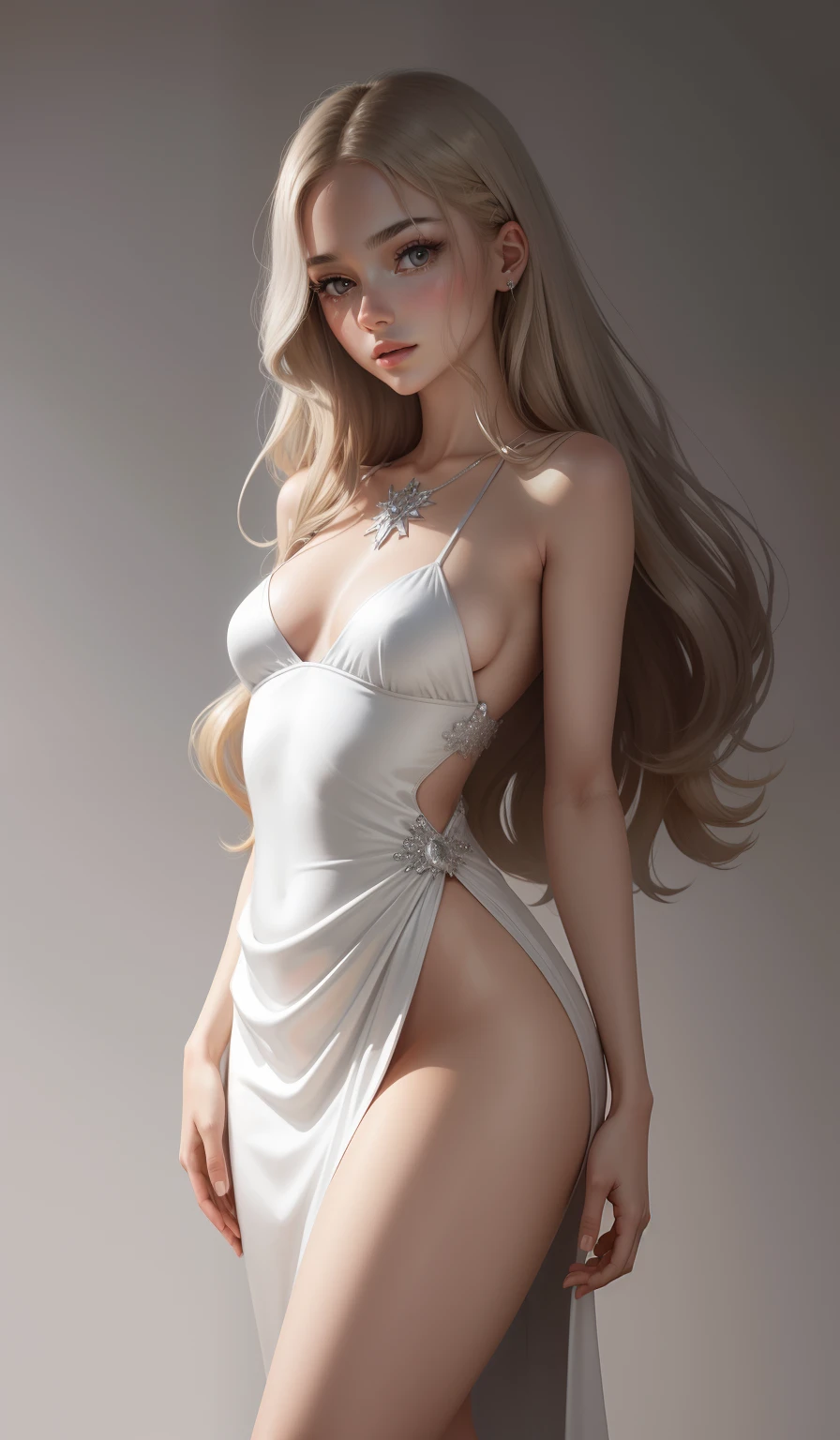 a woman in a long silver solid draped spaghetti dress, silver high heels, diamond hair piece, , shoulder length slightly wavy hair, ((light golden brown hair)) and gleaming detailed vibrant grey eyes, slim frame, medium breasts, long legs, beautiful face, small butt size, small feet size, small hand size, perfect hands, scary face, beautiful face, pretty face, hot woman, British woman, cream skin, small soft pink lips , medium breast size, slim figure, standing pose, soft features, cute girl, perfectly framed face, soft pink lips, glossy lips