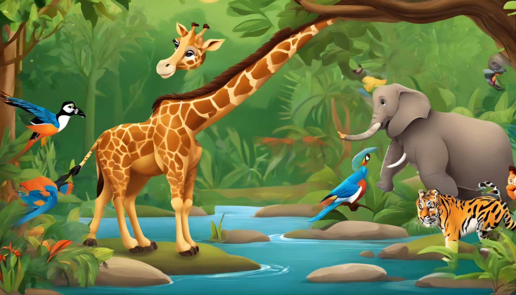 Zoo animals,cartoon style for kids,long tree,river or pond