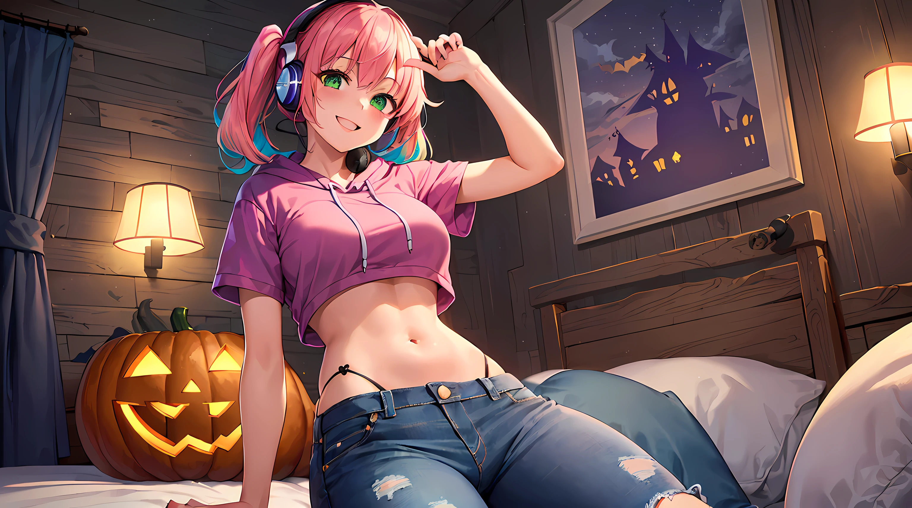 ​masterpiece, 1girl ((20year old, Black short sleeve hoodie exposes navel, tight blue jeans, medium breasts, multicolor pink hair, twin ponytails, green eyes, flirting, happy, big smile, headphones, sitting on a bed, Halloween decorations in bedroom)) ((nighttime))