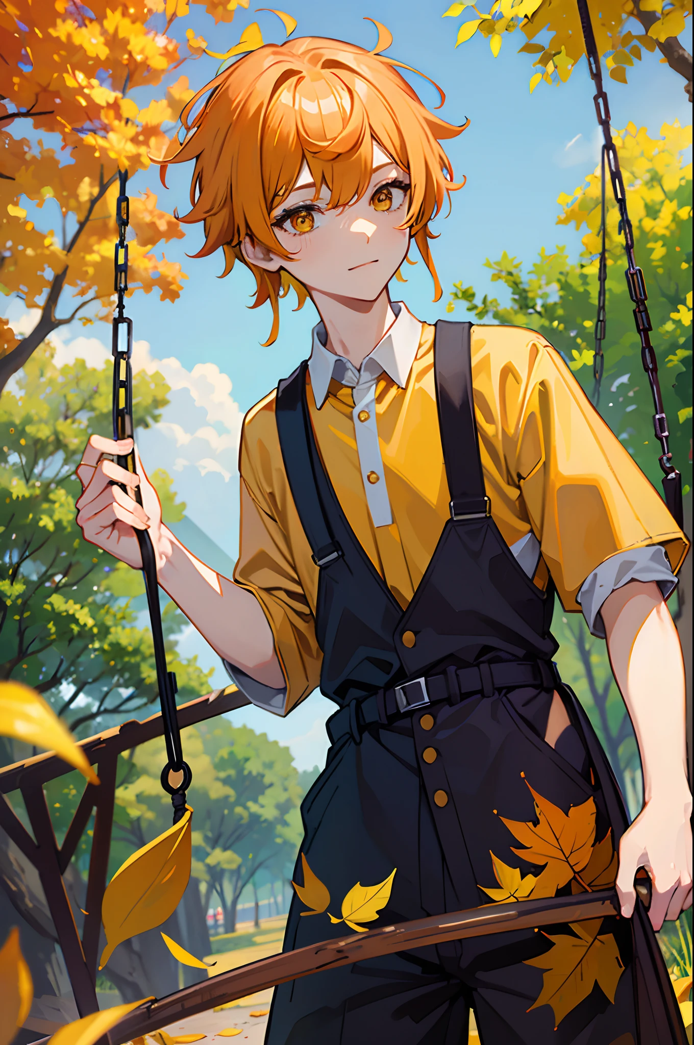 16k，HD，Libido boy，Orange-yellow hair，（Deciduous hair ornaments on the head 1:1.75），Yellow and white student clothing，Background swing with fallen leaves（1:2.5）