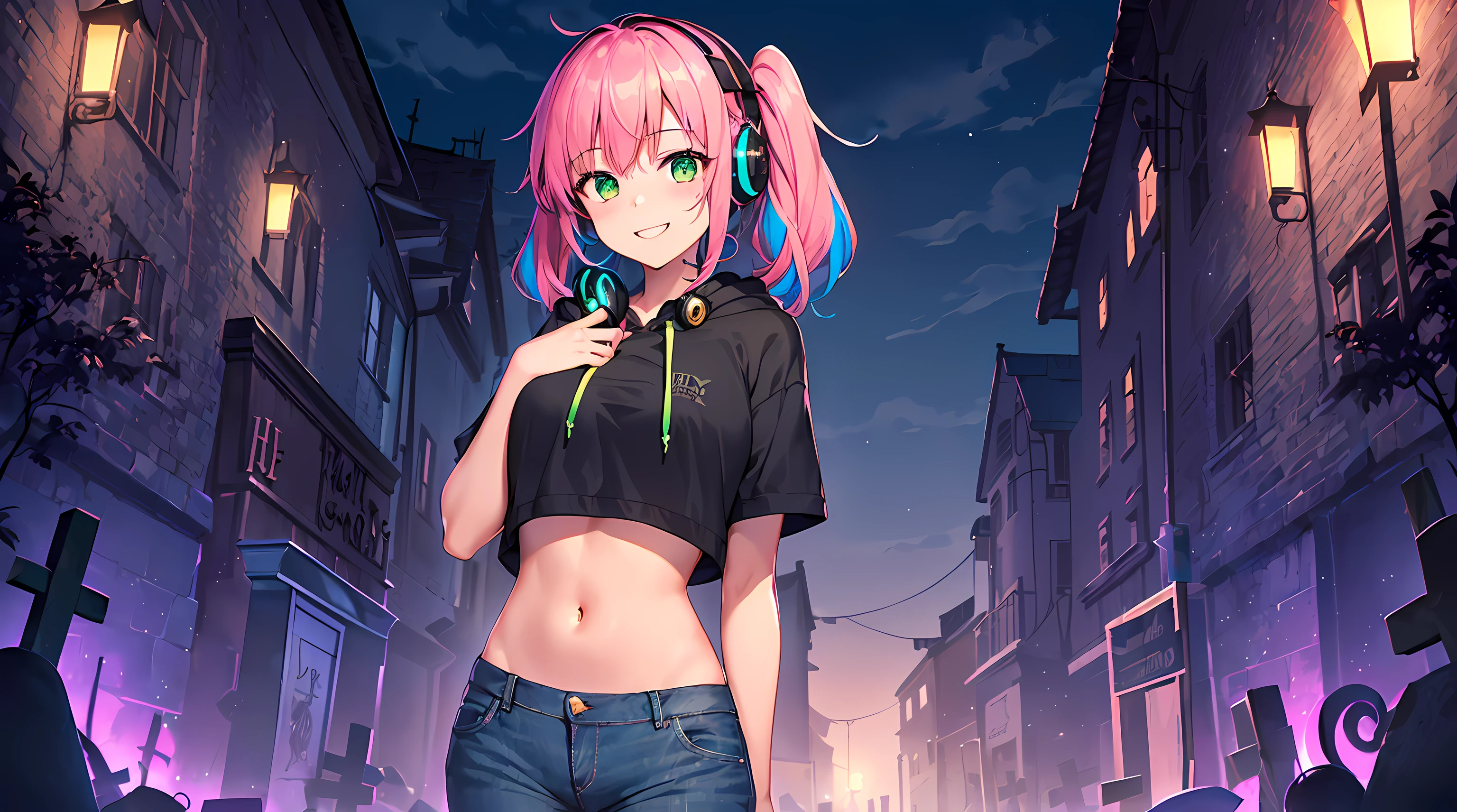 masterpiece, 1girl ((20year old, Black short sleeve hoodie exposes navel, tight blue jeans, medium breasts, multicolor pink hair, twin ponytails, green eyes, flirting, happy, big smile, headphones, standing in a graveyard at night, haunted houses, dark and spooky night atmosphere)), ((nighttime))