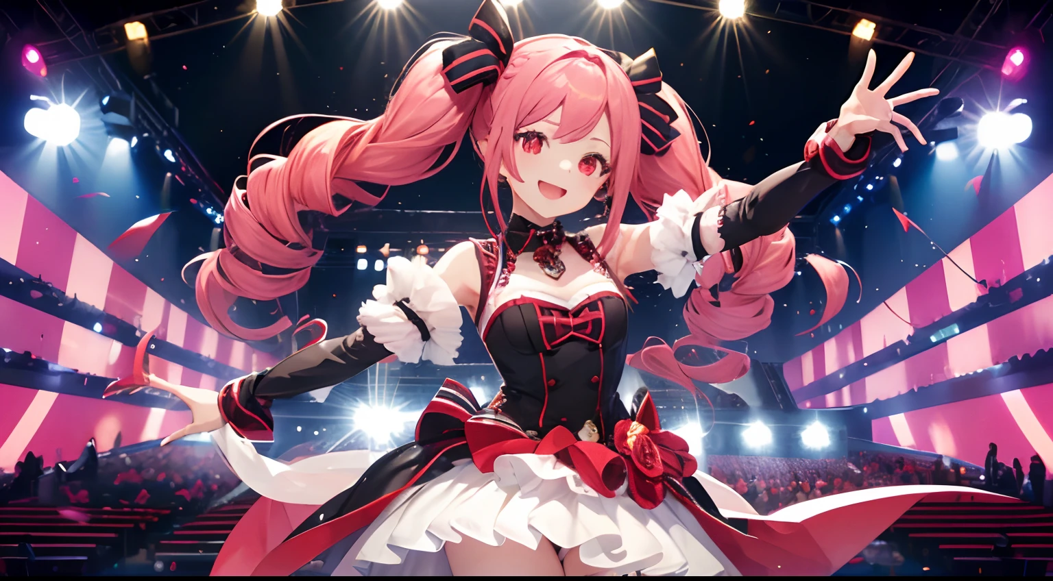 cute, 1girl, high quality, ((masterpiece)), idol pose, teto, kasane teto, twin drill hair, smiling for public, in a stage,
