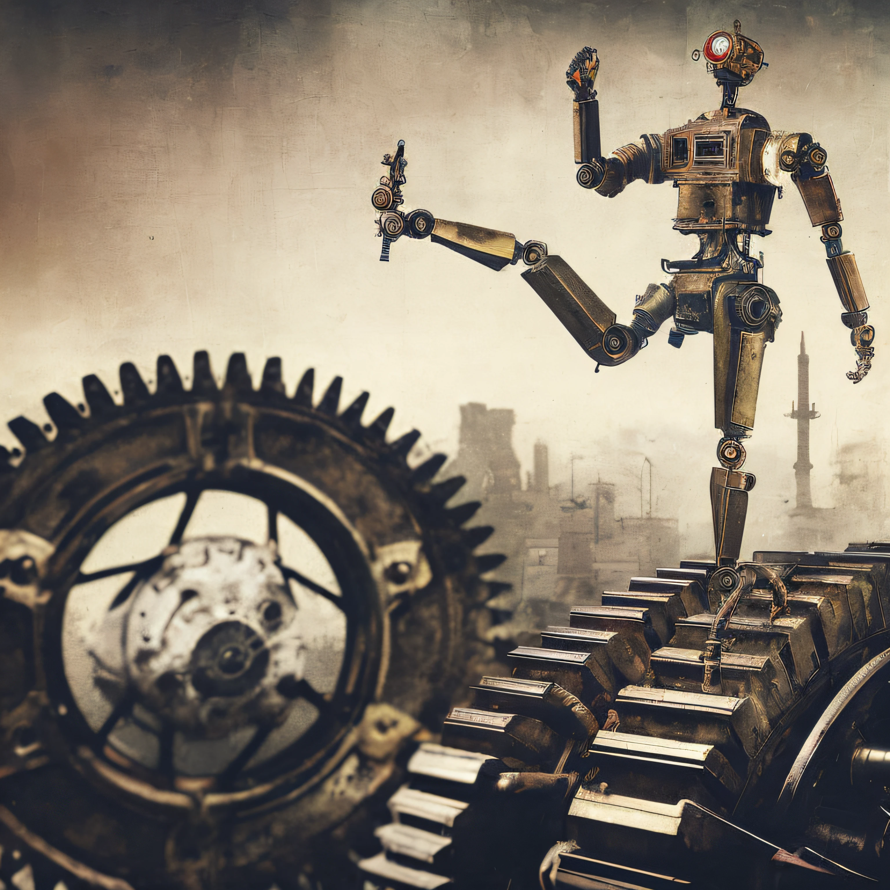 There's a robot that's standing in a gear, robot photography, steampunk robot, mechanoid, steampunk automaton, machanical limbs, a still life of a rusty robot, a still life of a robot, Mechanical Automaton, mechanical limbs, robot in construction, automaton, metal robots, industrial robots, robot made of truck parts, mechanical robot body