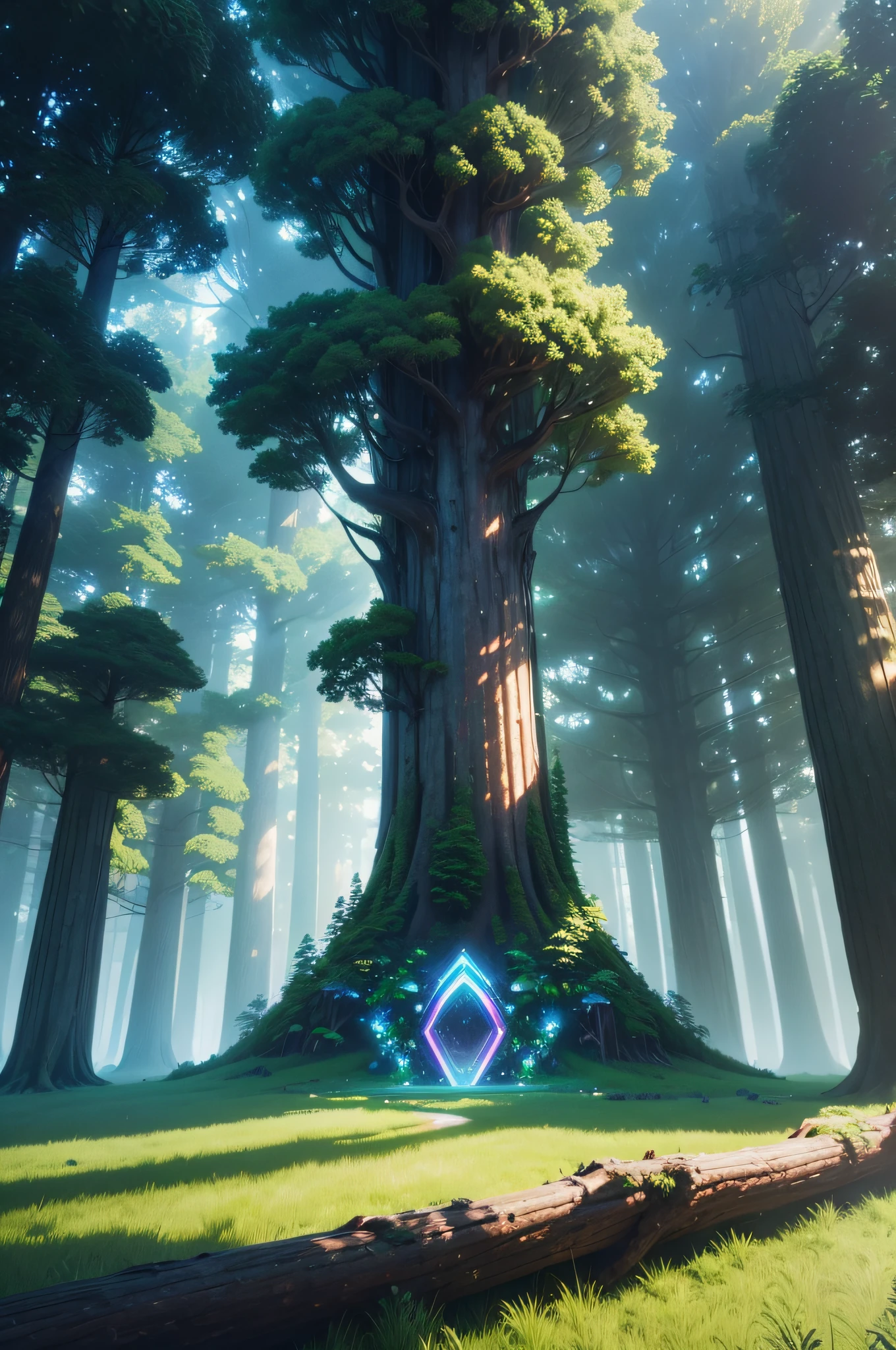 "Witness the harmony between nature and technology, as a lush forest is transformed into a digital oasis with holographic trees and glowing flora."