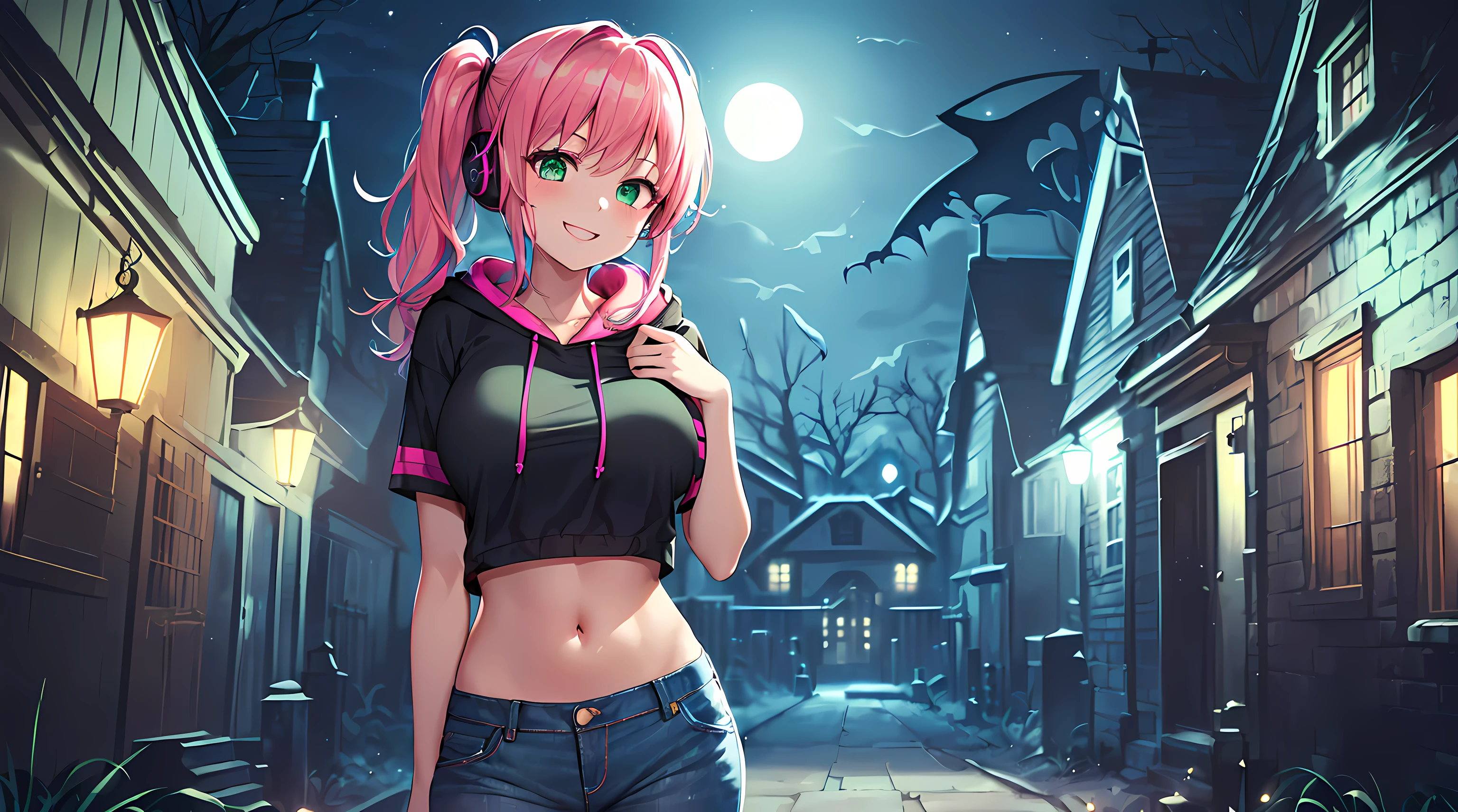 ​masterpiece, 1girl ((20year old, Black short sleeve hoodie exposes navel, tight blue jeans, medium breasts, multicolor pink hair, twin ponytails, green eyes, flirting, happy, big smile, headphones, standing in a graveyard at night, haunted houses, dark and spooky night atmosphere)), ((nighttime))