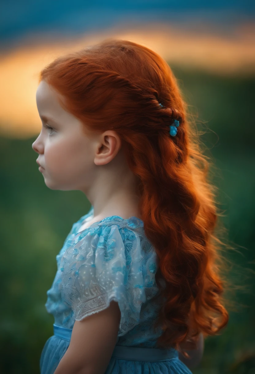 girl REDHEADS WITH STRAIGHT HAIR ON HEAD TIES BLUE COLOR, PRAYING, RED BACKGROUND,