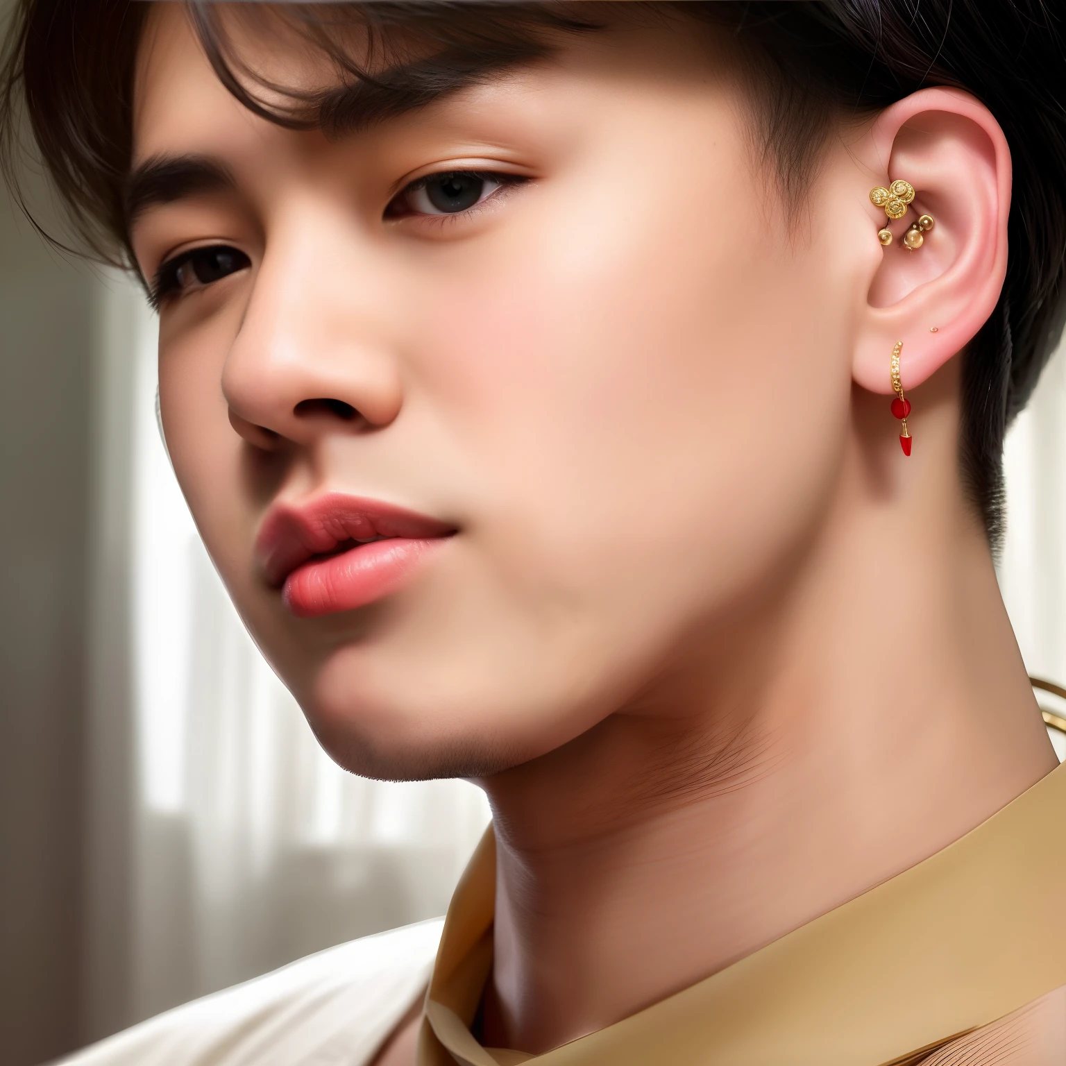 RAW photo , homoerotic asian boy, (high detailed skin:1.2), 8k uhd, dslr, soft lighting, high quality, ultra realistic, best quality, ultra high res, bangs, indoors, detailed face, detailed black hair, detailed eyes, ((detailed lips)), showing armpits, jewelry,
Red hair