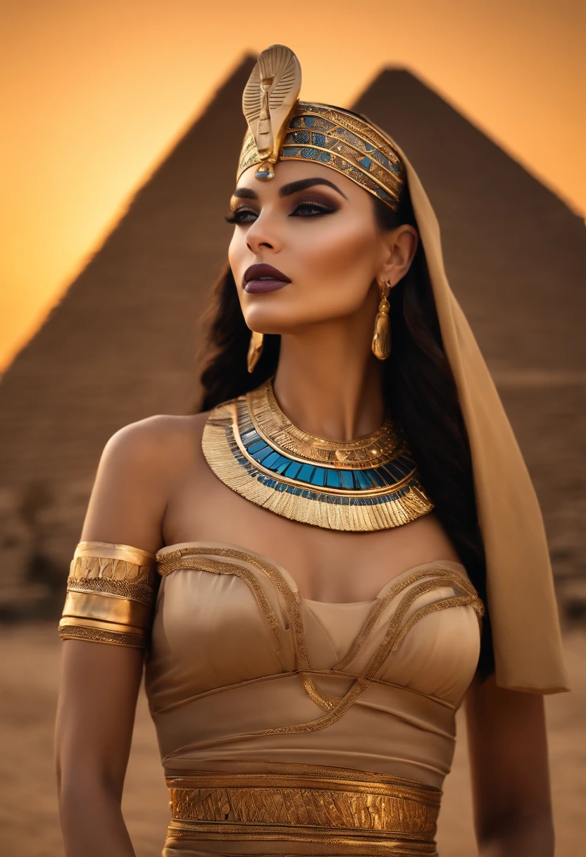Hyper realistic photoshoot woman model vogue fashion magazine cover inspired by egyptian goddess modern days realistic skin hair face posing cleopatra Egyptian pyramids realistic person
