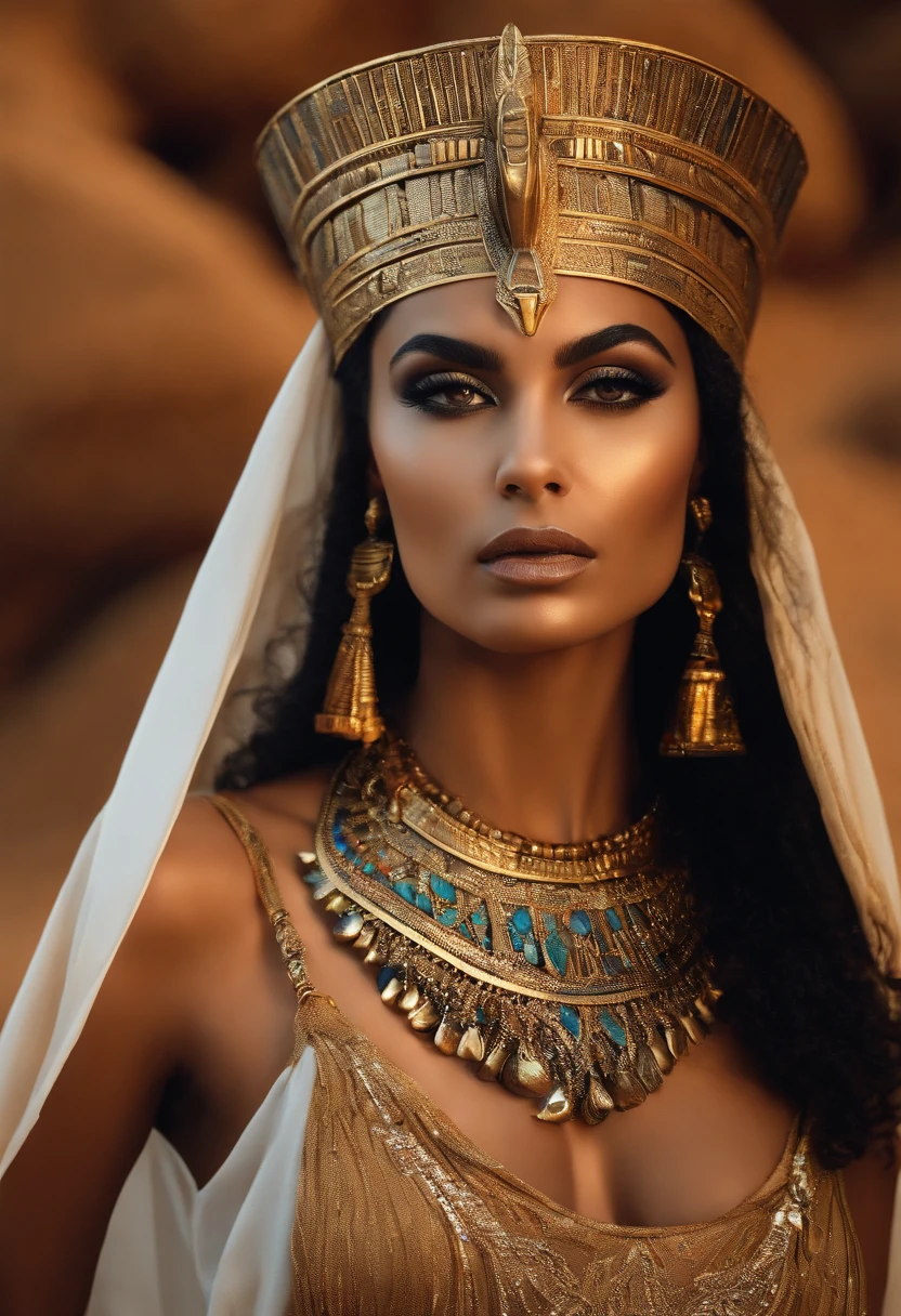 Hyper realistic photoshoot woman model vogue fashion magazine cover inspired by egyptian goddess modern days realistic skin hair face posing cleopatra Egyptian pyramids realistic person