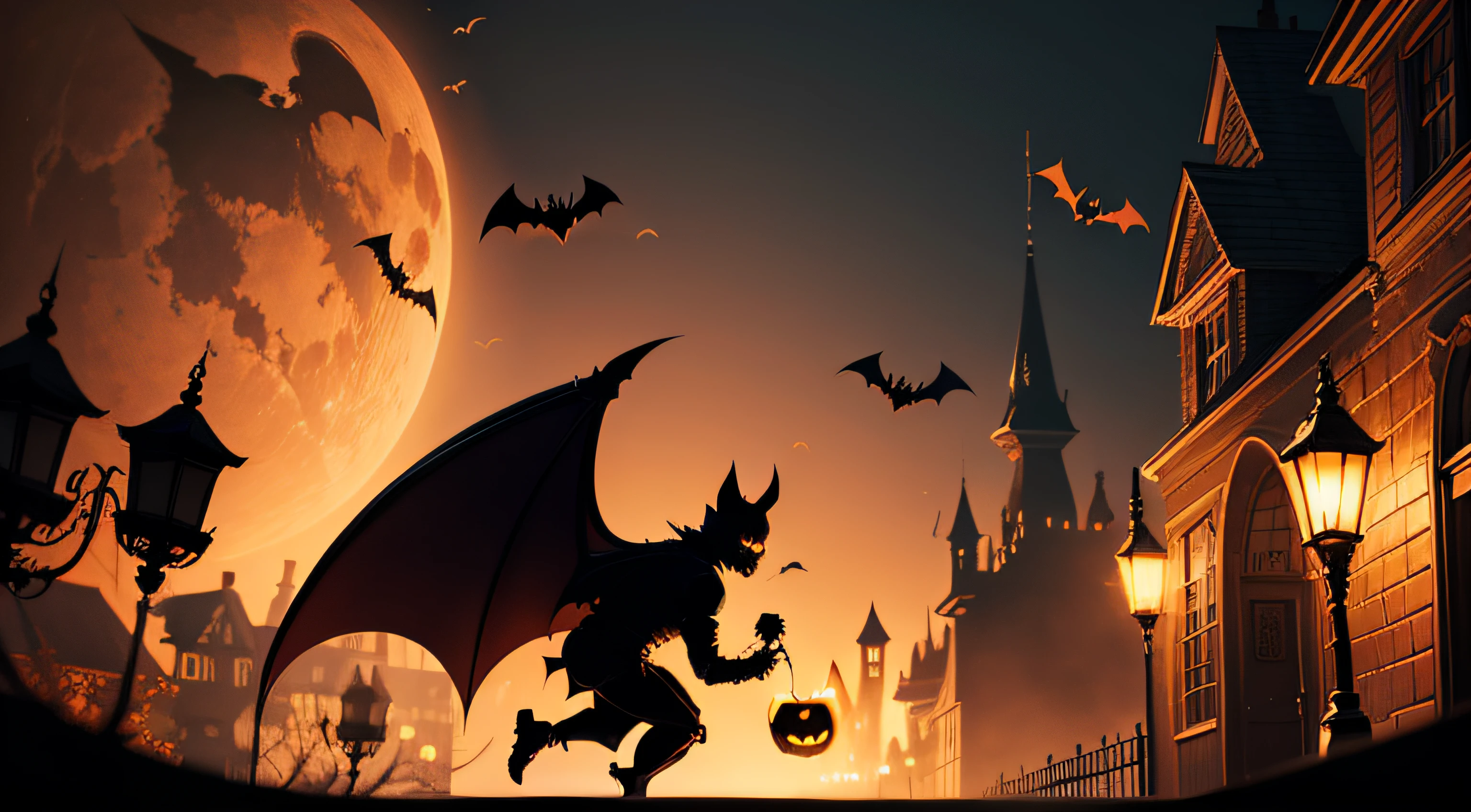Halloween Background, Scary background, flying bat, Men lamp in hand