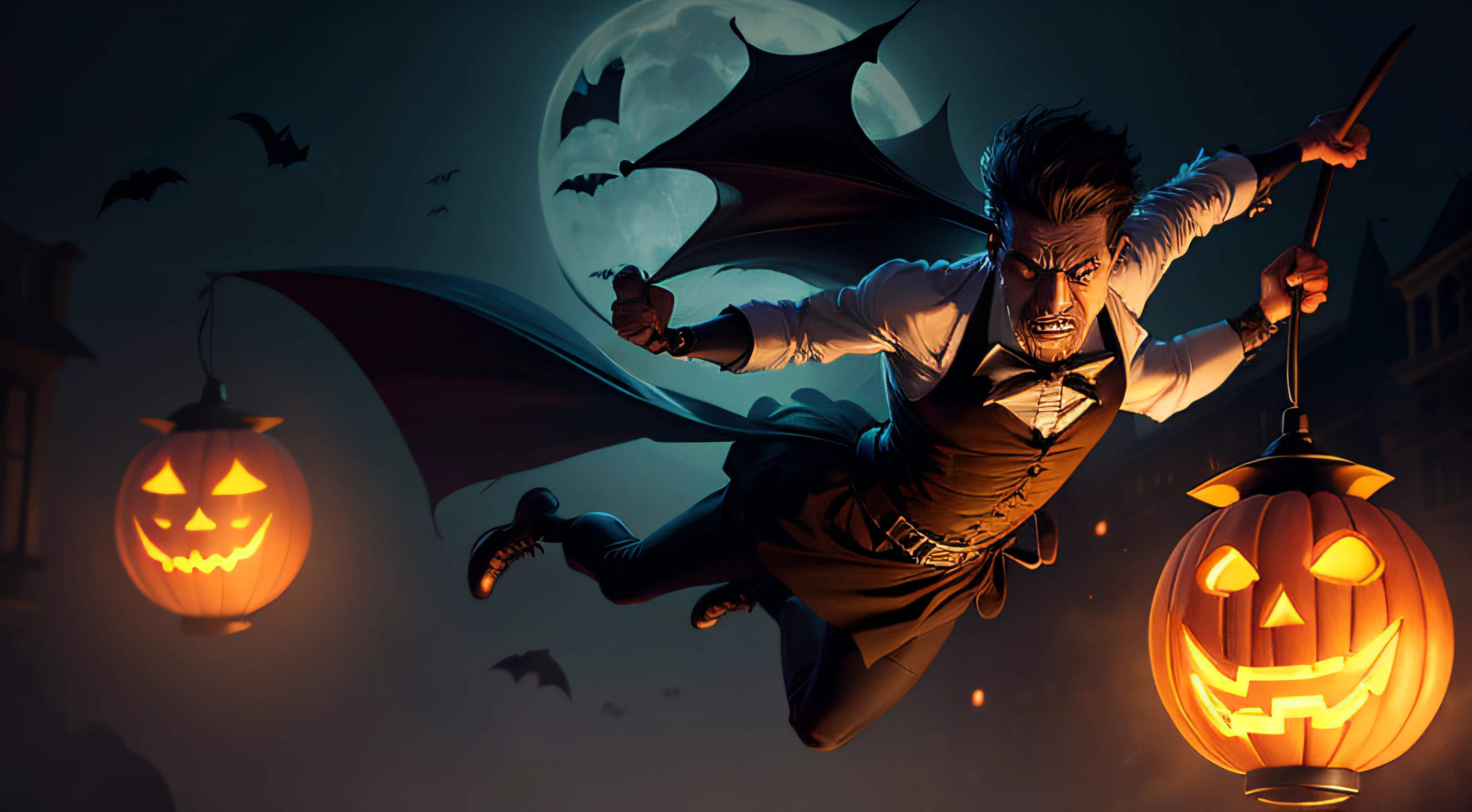 Halloween Background, Scary background, flying bat, Men lamp in hand