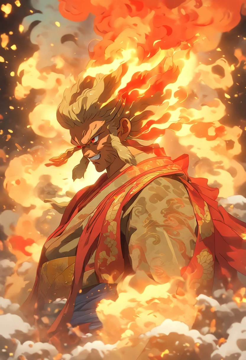 (((Japanese God))) best quality, ultra-high resolution, 4K detailed CG, master piece,KAGUTSUCHI, Man, Japanese clothes, wind, flames, smoke,Japanese mythology, Japan, ((next to camera)), Shui Mo Hua, Chinese painting style, Thangka style, aesthetics, Beautiful image, depth of field, centered image