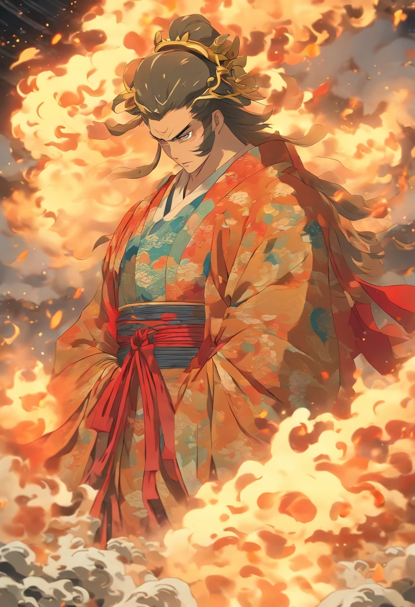 (((Japanese God))) best quality, ultra-high resolution, 4K detailed CG, master piece,KAGUTSUCHI, Man, Japanese clothes, wind, flames, smoke,Japanese mythology, Japan, ((next to camera)), Shui Mo Hua, Chinese painting style, Thangka style, aesthetics, Beautiful image, depth of field, centered image