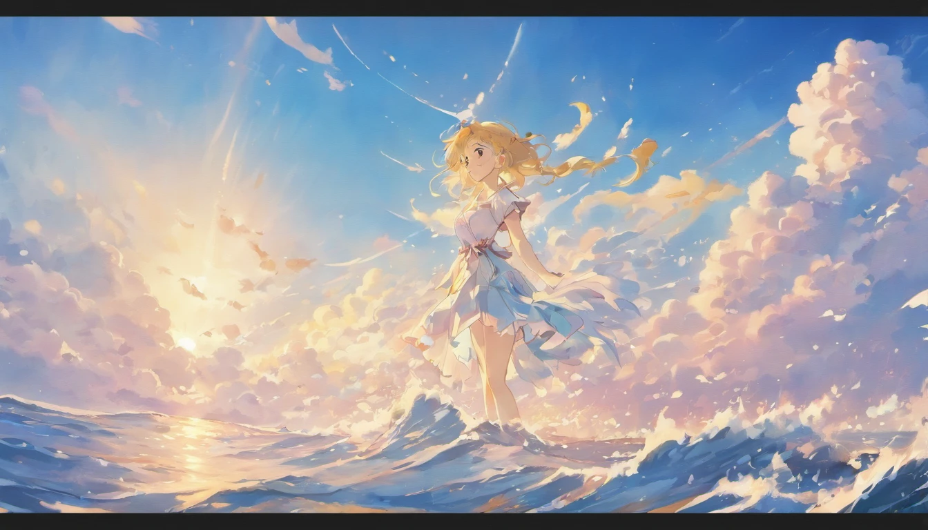 1 Navio, mar, Ondas, Impacto visual, Blue sky and white clouds, exquisite composition, graphic illustration
