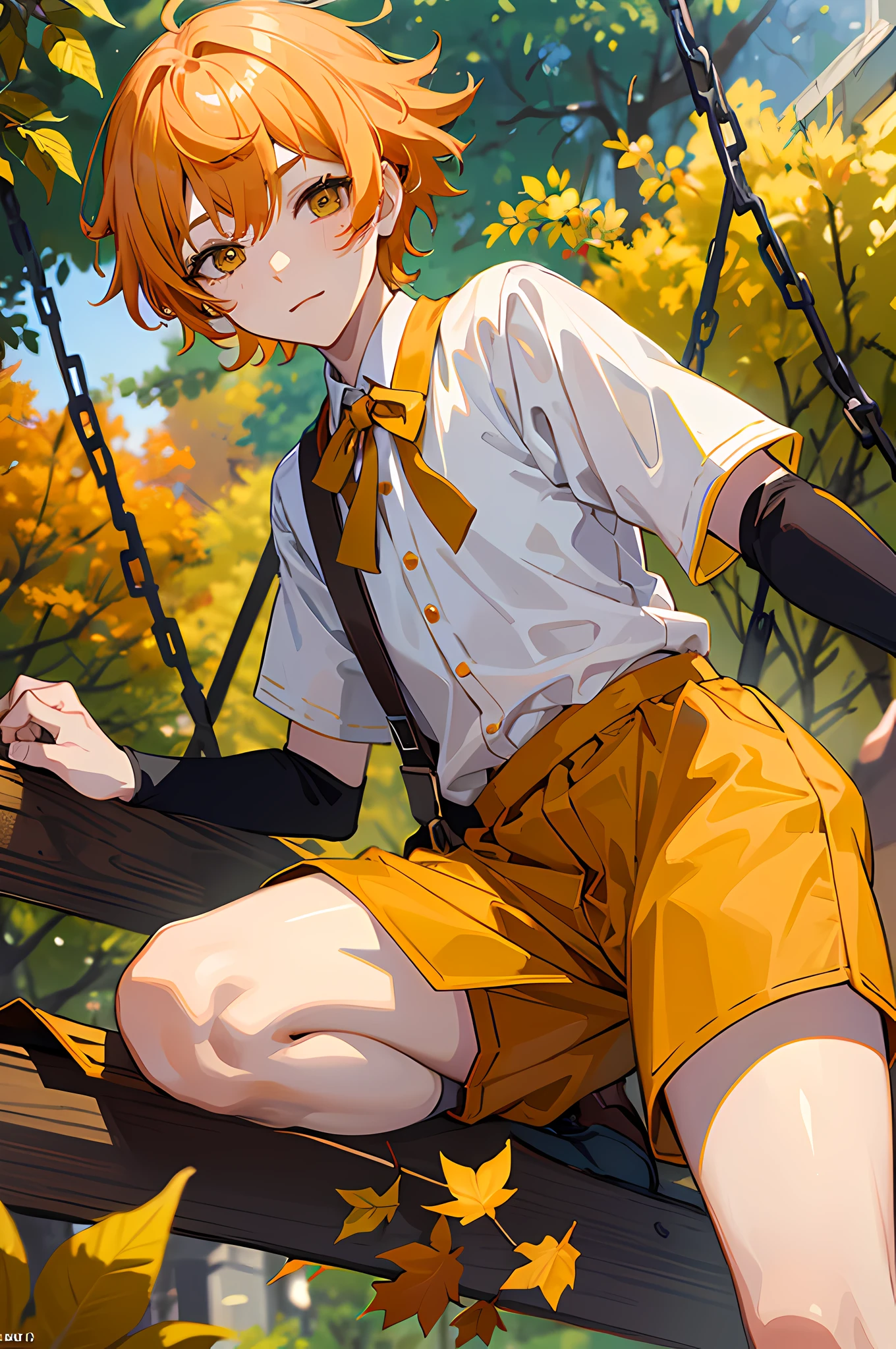 16k,HD,Libido boy,Orange-yellow hair,(Deciduous hair ornaments on the head 1:1.75),Yellow and white student clothing,Background swing with fallen leaves(1:2.5)