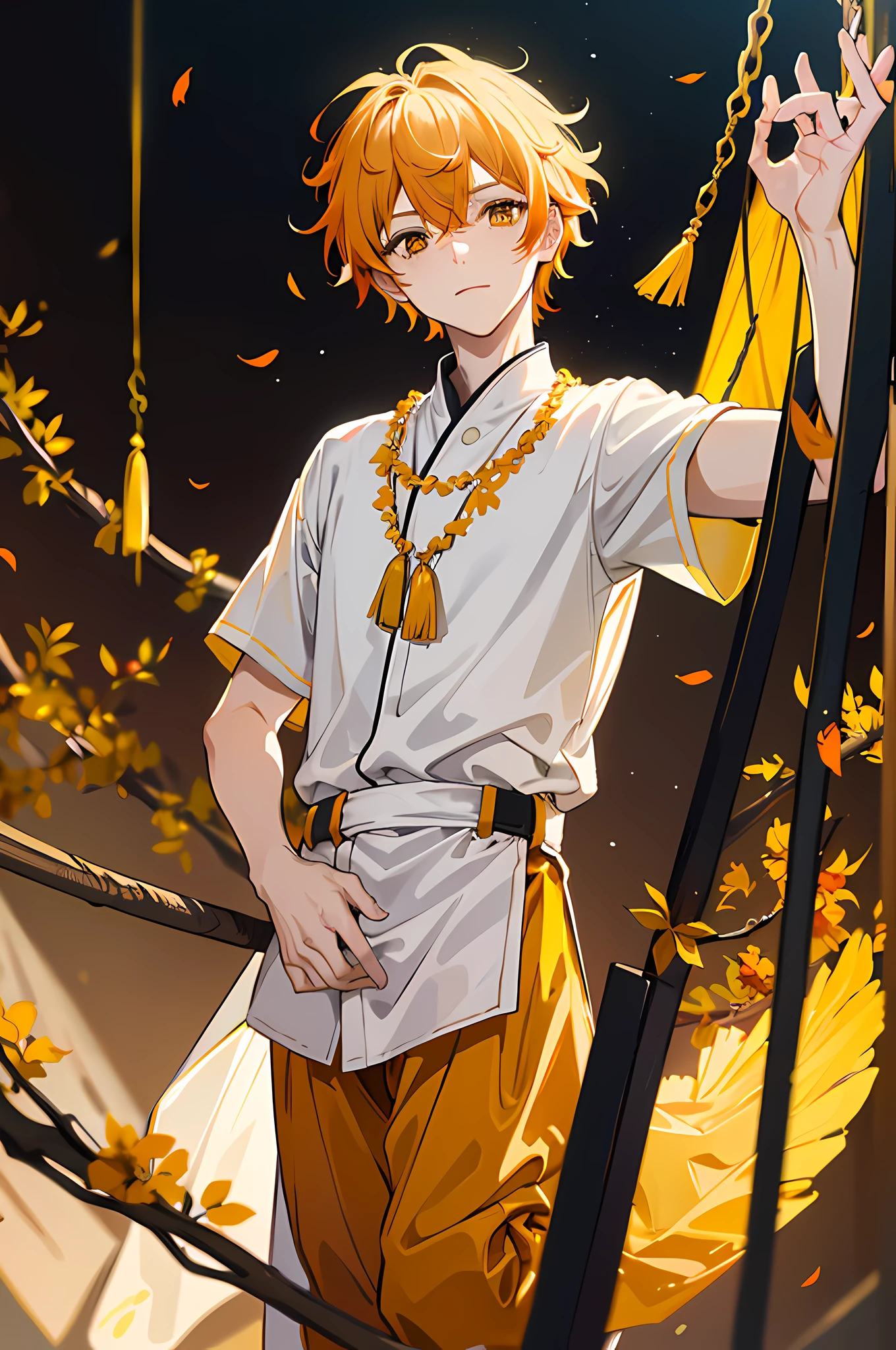 16k， k hd，Libido boy，Orange-yellow hair，（Deciduous hair ornaments on the head 1:1.75），Yellow and white color-blocking clothing，Background swing with fallen leaves（1:2.5）