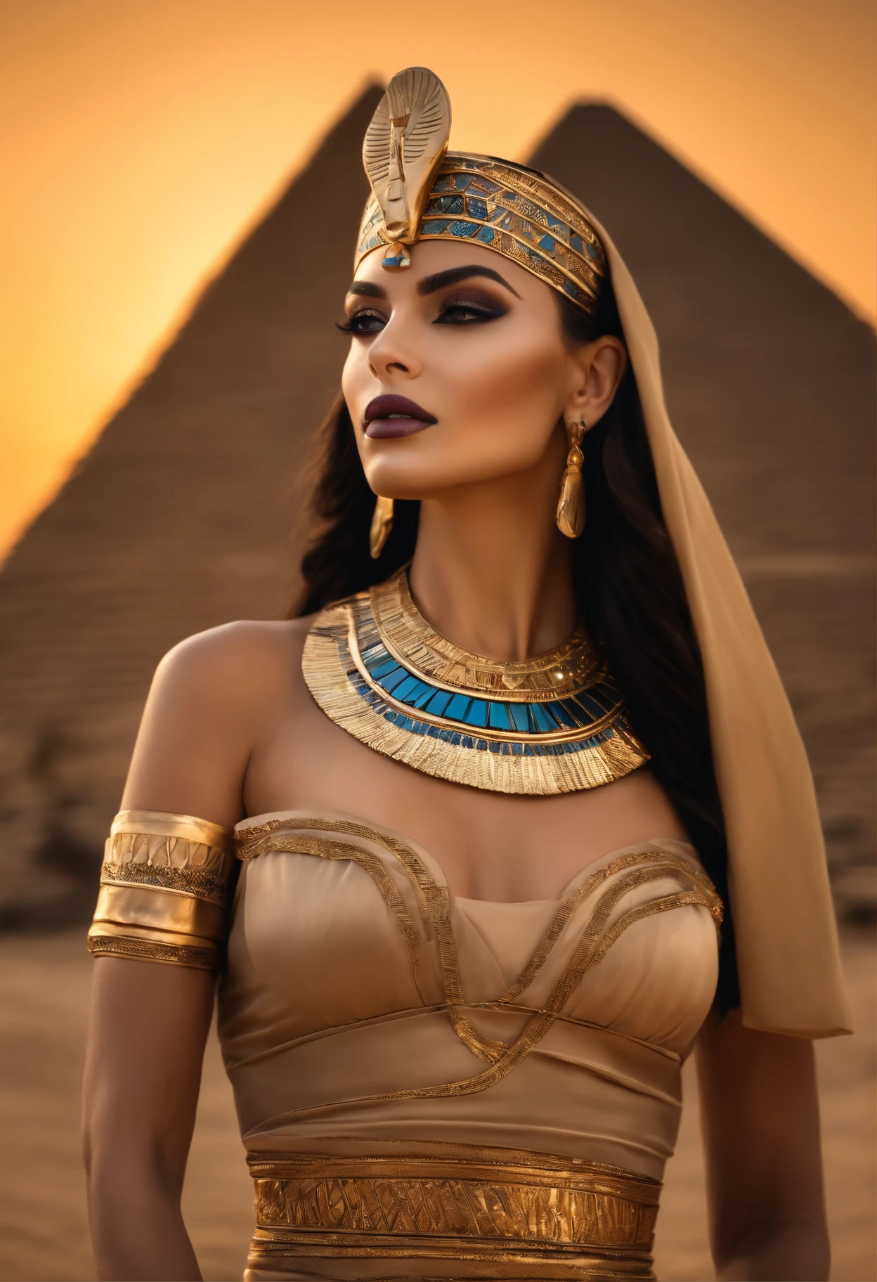 (masterpiece), cartoon, best quality,(photo_(medium):1.0), by Antonio J. Manzanedo, by Jeremy Lipking, lightning, painting style with watercolor, (Brushstrokes:0.4),colorful,vibrant colors full body shot, Transitioning to a desert landscape at sunset, a lone figure, Cleopatra style, full body, araffed muscular woman, a beautiful woman emerges wearing Cleopatra style, post-apocalyptic Cleopatra clothing. Cleopatra accessories, and a weathered look create an aura of survival and resilience. jaw-dropping beauty, jaw dropping beauty, attractive face and body, attractive woman, a gorgeous brunette, beautiful blonde girl, lovely woman, gorgeous woman, gorgeous beautiful woman, beautiful blonde woman, beautiful body and face, beautiful detailed body and face, a beautiful young woman, cleavage,
