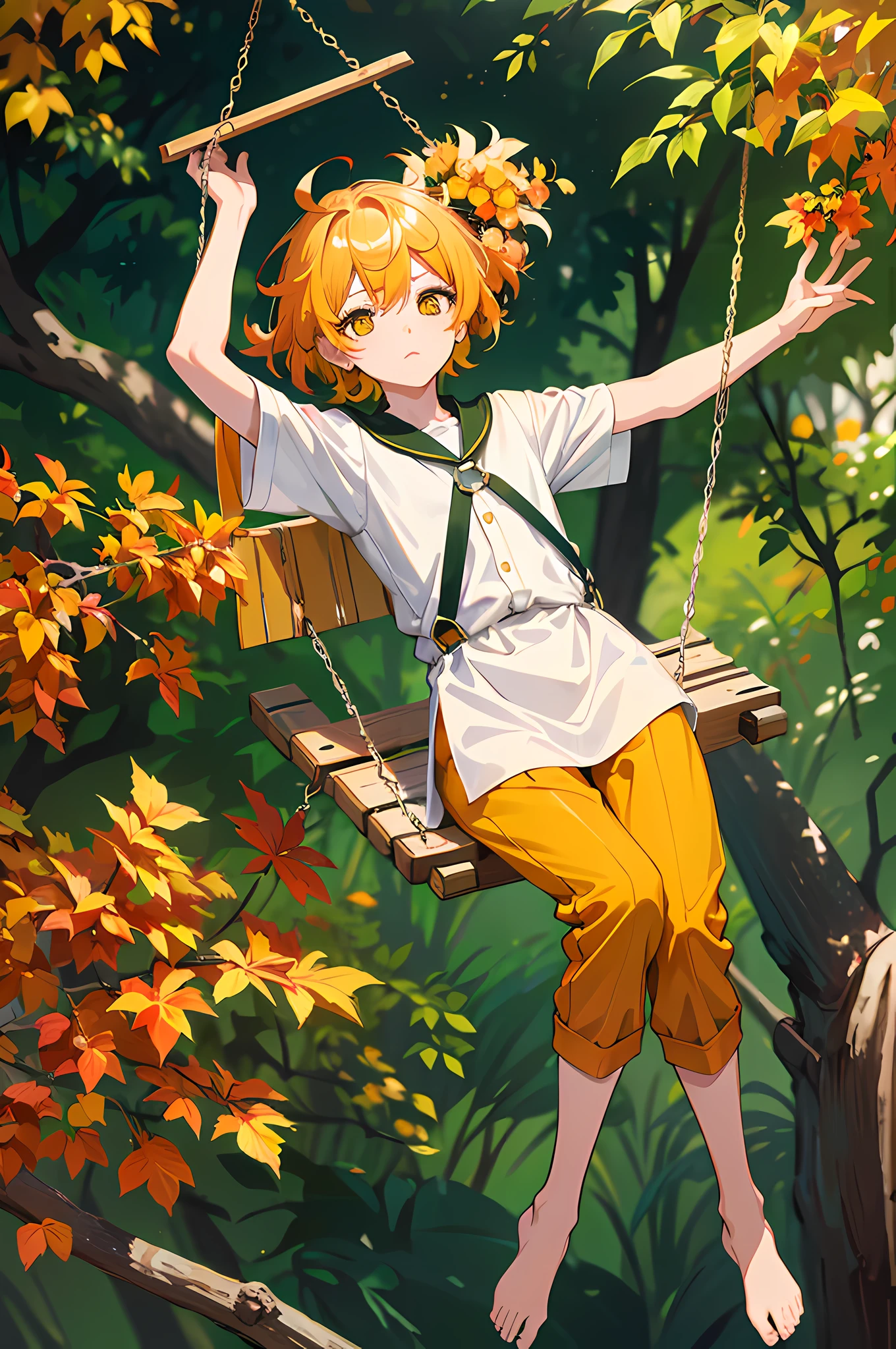 16k， k hd，Libido boy，Orange-yellow hair，（Deciduous hair ornaments on the head 1:1.75），Yellow and white clothing，Fallen leaves background swing（1:2.5）