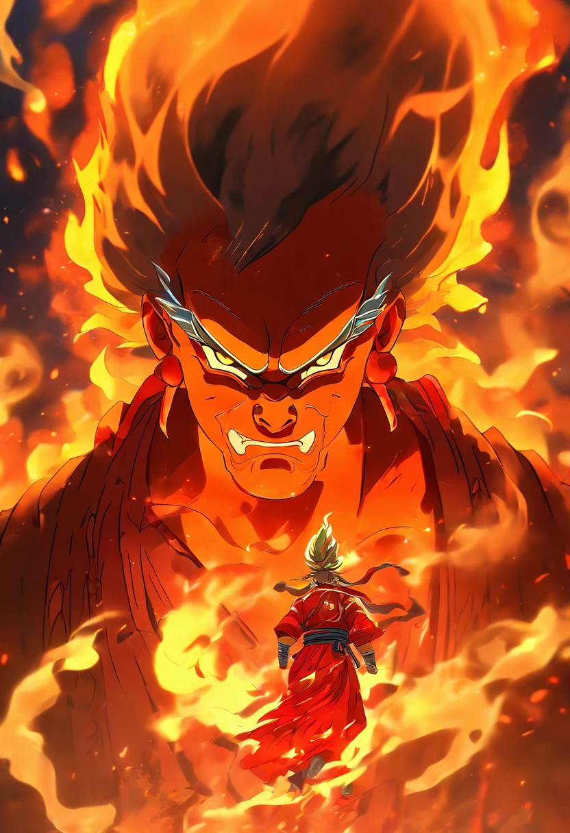 (((Fire God))) best quality, ultra-high resolution, 4K detailed CG, master piece,KAGUTSUCHI, Man, Japanese clothing, wind, smoke,Japanese mythology, Japan, ((next to camera)),Shui Mo Hua, Chinese painting style, Thangka Style, aesthetics, Beautiful image, depth of field, centered image