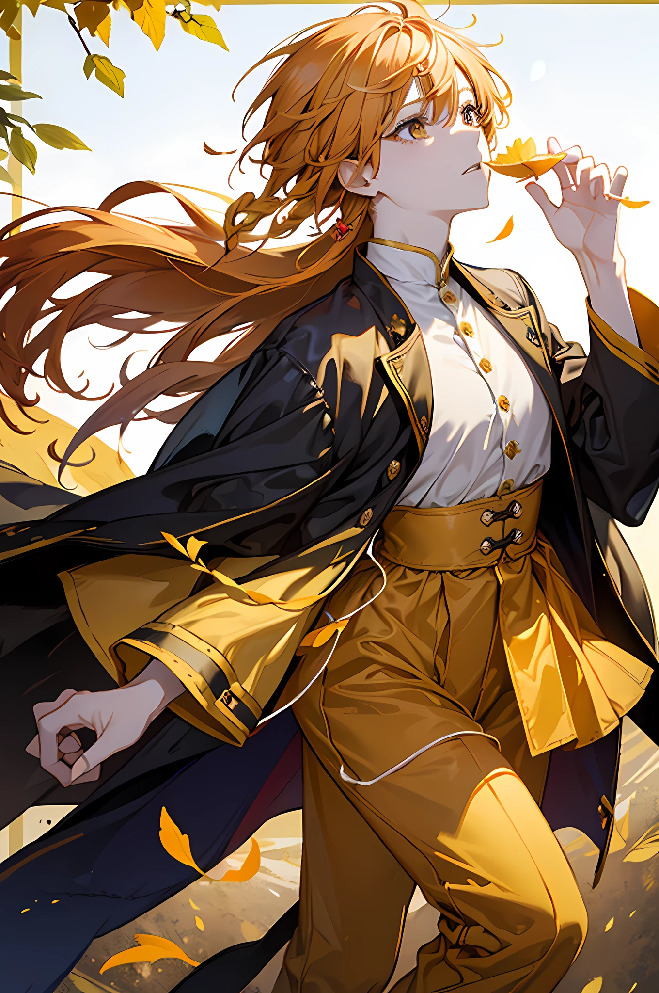 16k， k hd，Libido boy，Orange-yellow hair，（Deciduous hair ornaments on the head 1:1.75），Yellow and white clothing，Fallen leaves background swing（1:2.5）