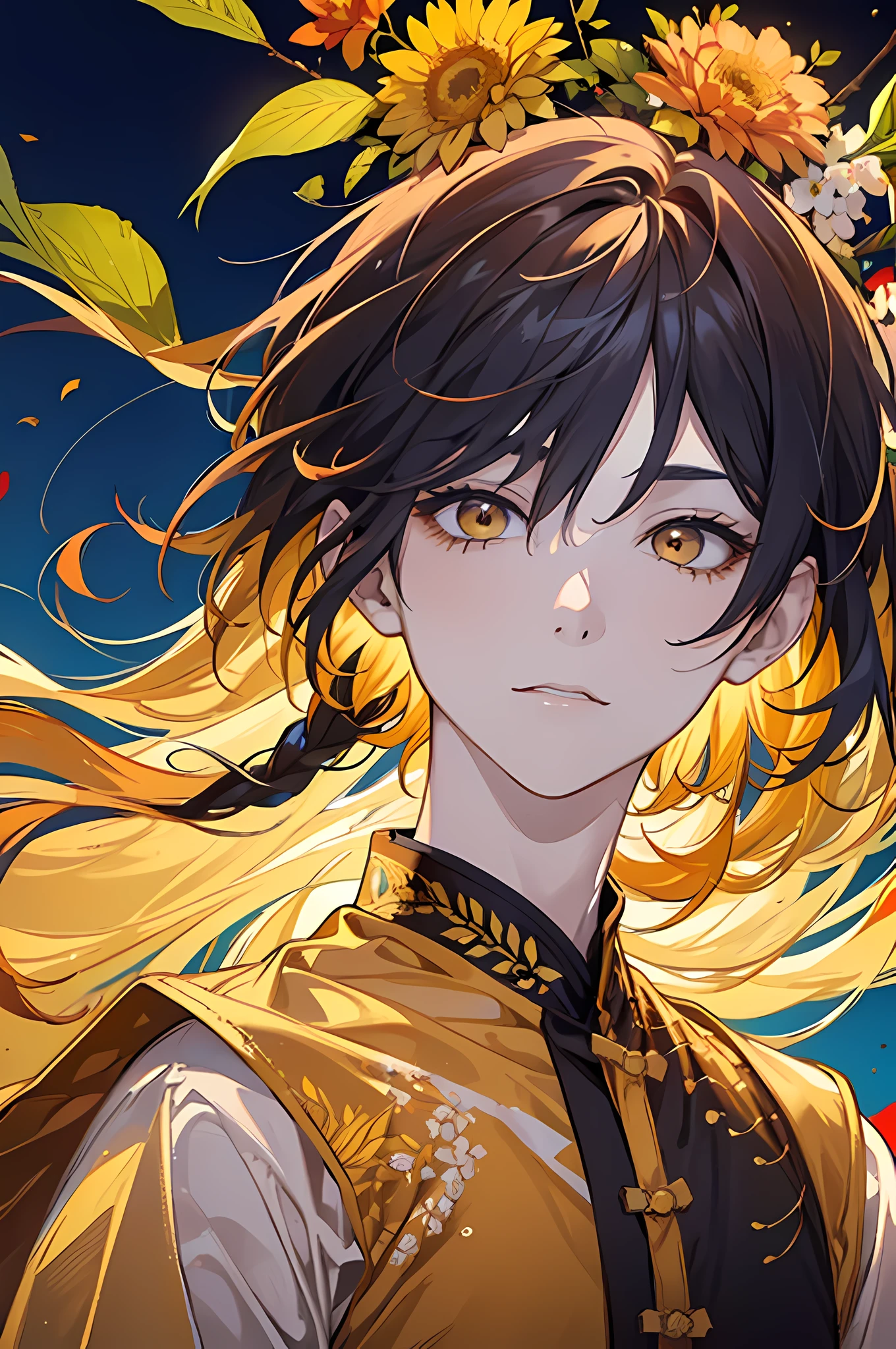 16k, k hd,Libido boy,Orange-yellow hair,Fallen leaf hair ornaments on the head (1:1.75),Yellow and white Han costumes,Fallen leaves background swing(1:2.5)