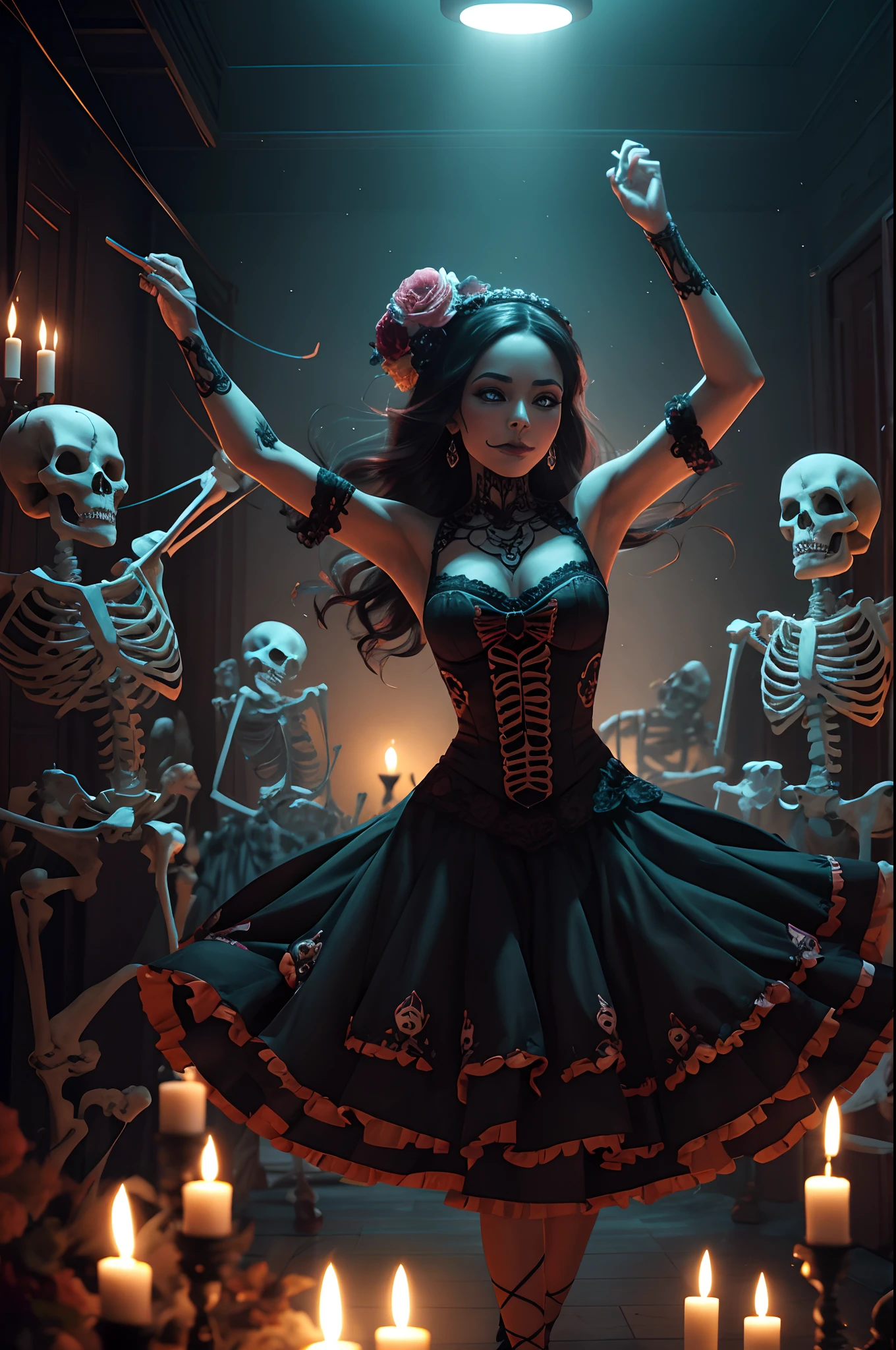 "Dancing with the Dead": A dynamic scene with Catrina La Muerte gracefully dancing alongside a group of skeleton figures, your movements captured with precision and fluidity, conveying the joyful and celebratory nature of the Day of the Dead tradition, Surrealismo, color field printing, High detail, UHD, 8k, anatomicamente correto, cinematic lighting 4d quality