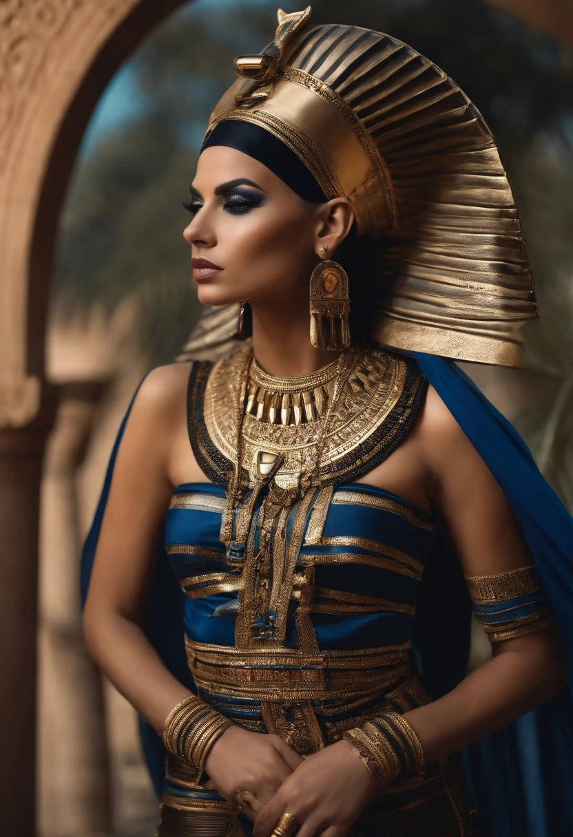 Hyper realistic photoshoot woman model vogue fashion magazine cover inspired by egyptian goddess modern days realistic skin hair face posing cleopatra Egyptian pyramids realistic person with goth fashion detailed clothing